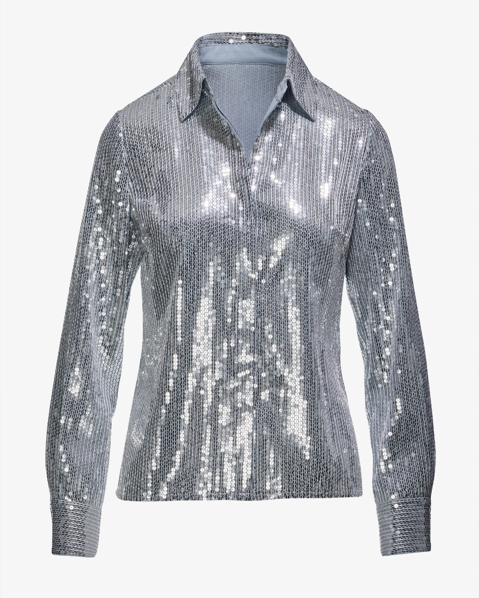 Sequin Button-Up Shirt Silver - Mycitystee