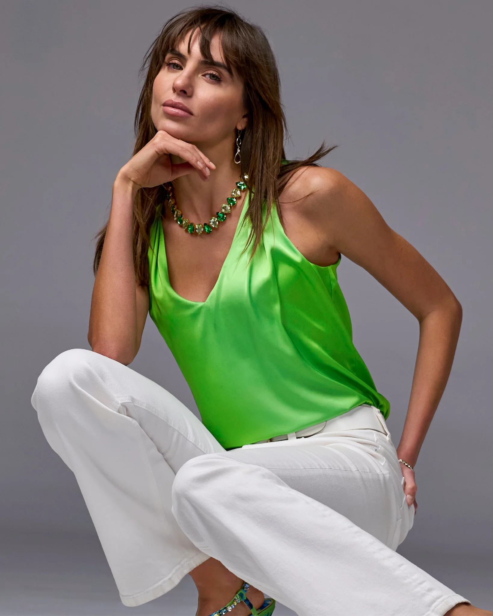 Nikki V-Neck Charmeuse Blouse Neon Green - Mycitystee