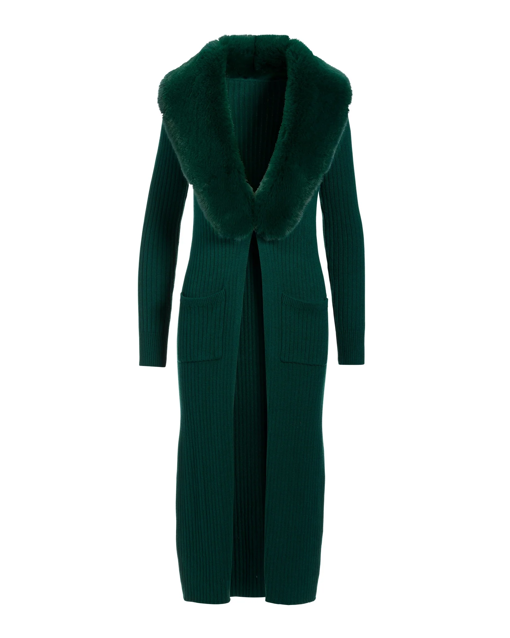 Faux Fur Collar Ribbed Long Cardigan Deep Emerald - Mycitystee