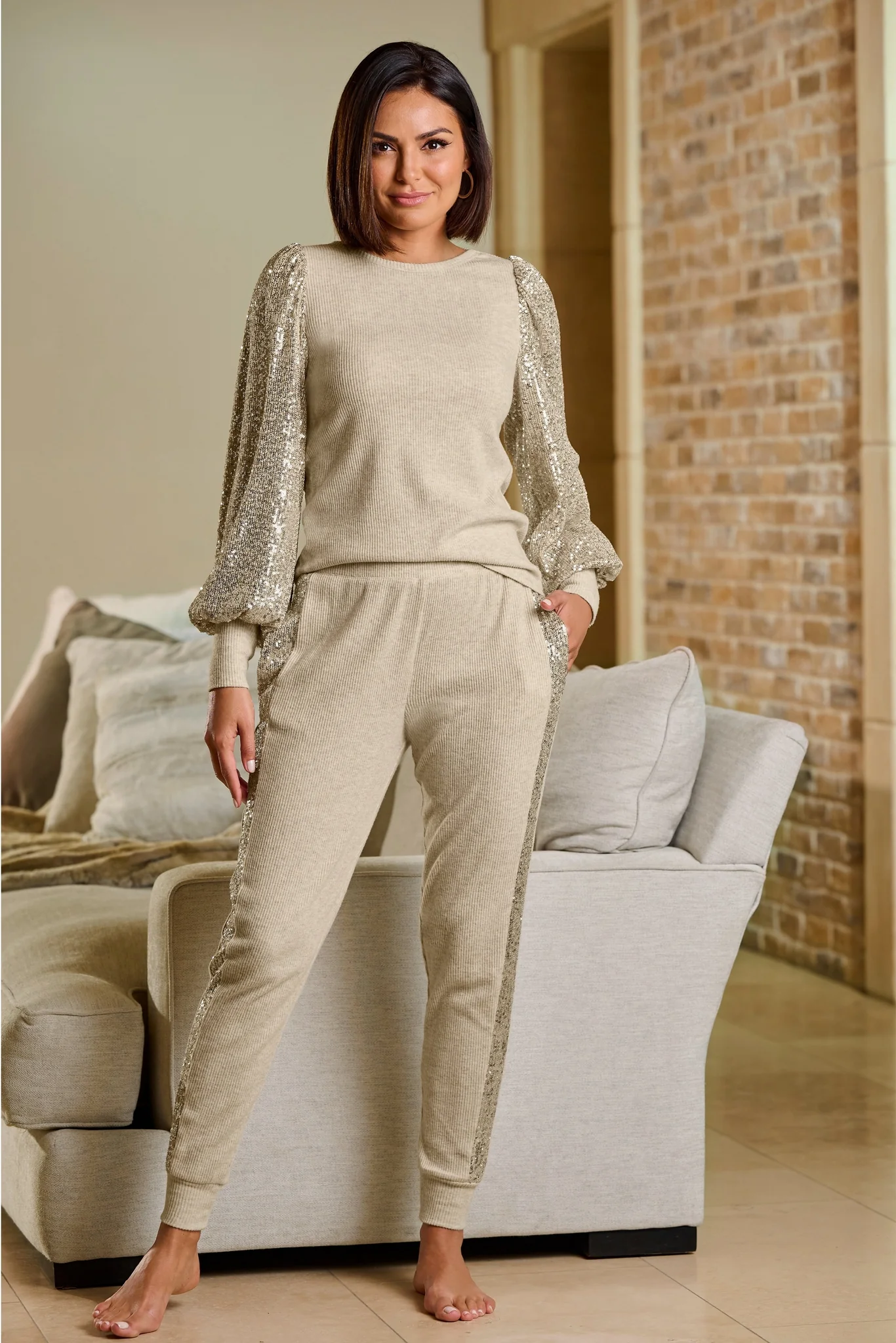 So Soft Sequin Balloon-Sleeve Knit Lounge Set Oatmeal - Mycitystee