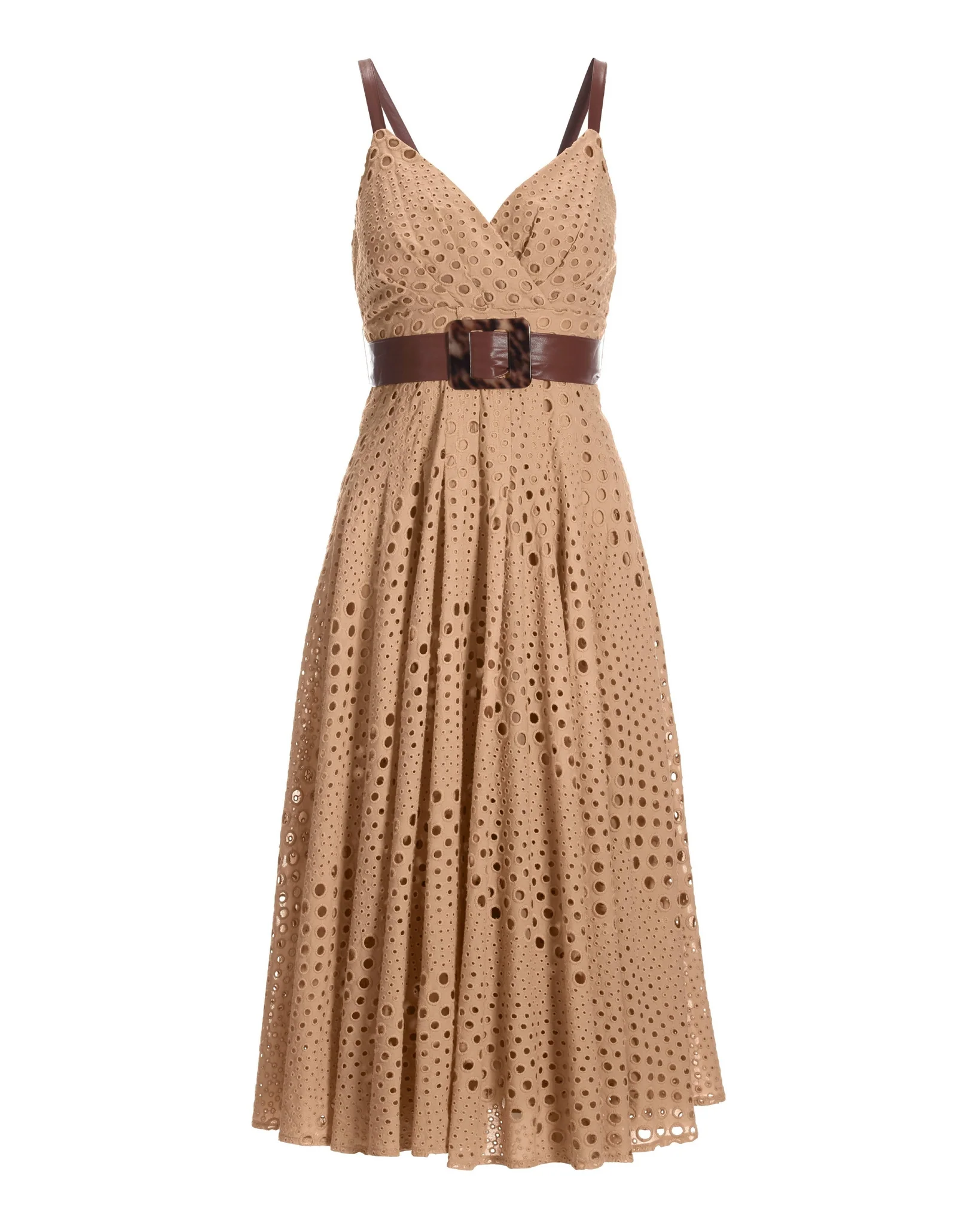Belted Eyelet Midi Dress Tan - Mycitystee