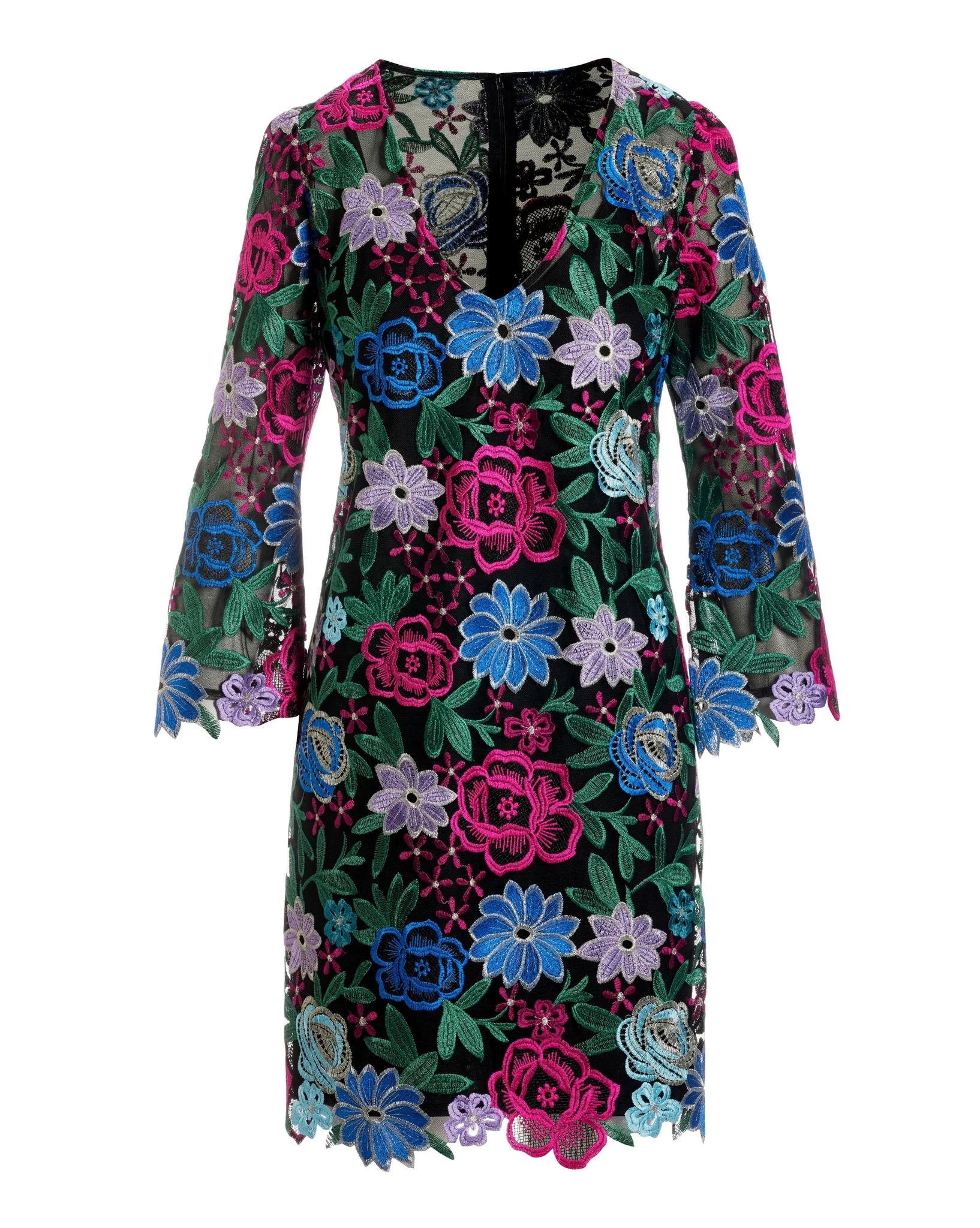 Jewel Tones Floral Lace Shift Dress Black Multi - Mycitystee