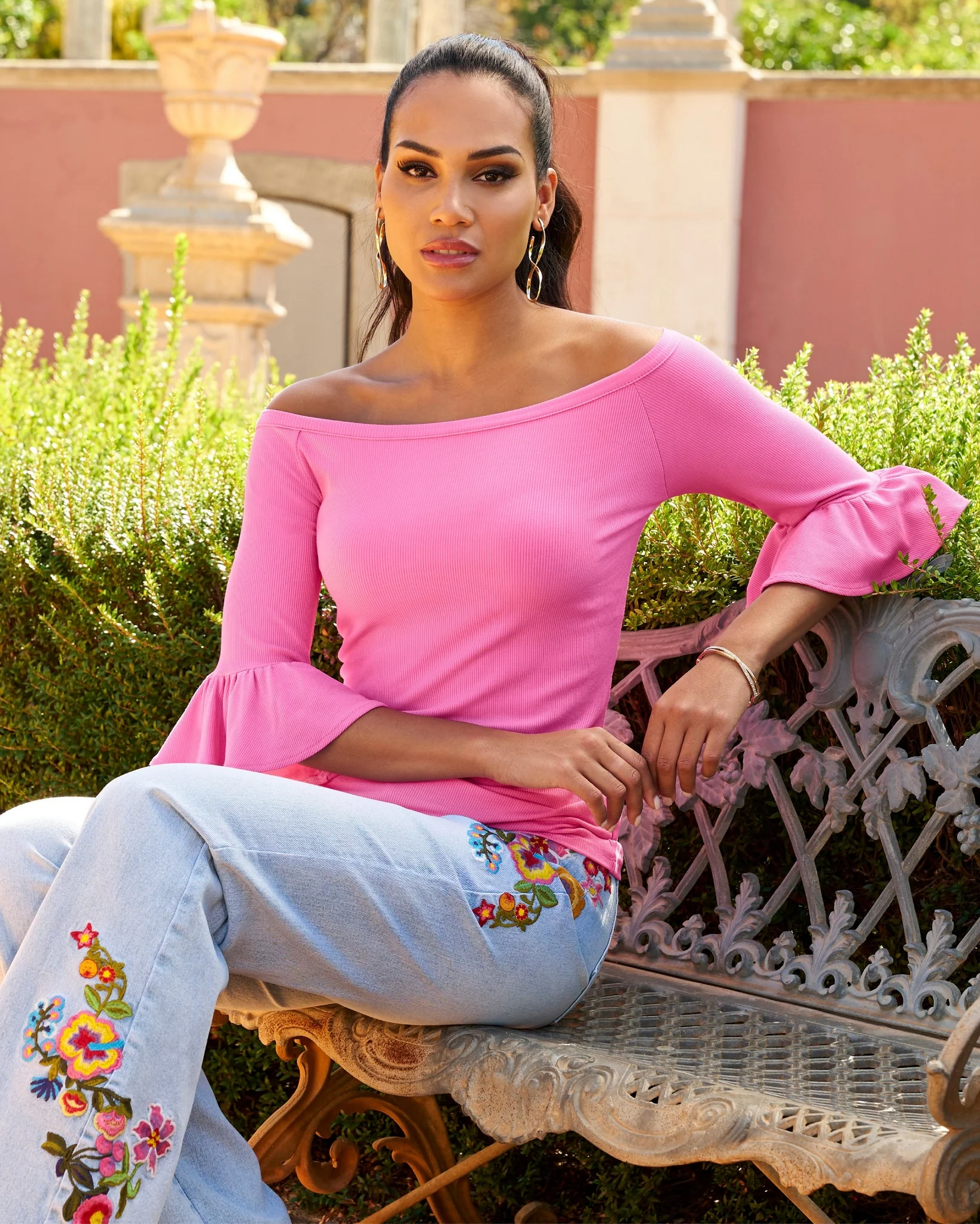 So Essential Rib Boatneck Flare Sleeve Top Shocking Pink - Mycitystee