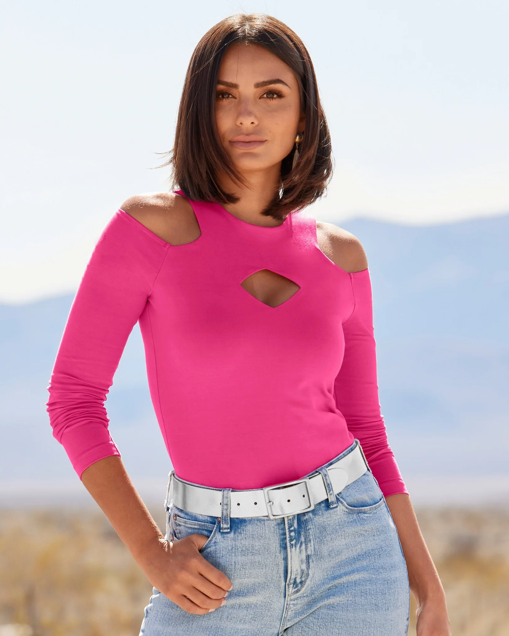 So Sexy Keyhole Cold Shoulder Knit Top Fuchsia Purple - Mycitystee