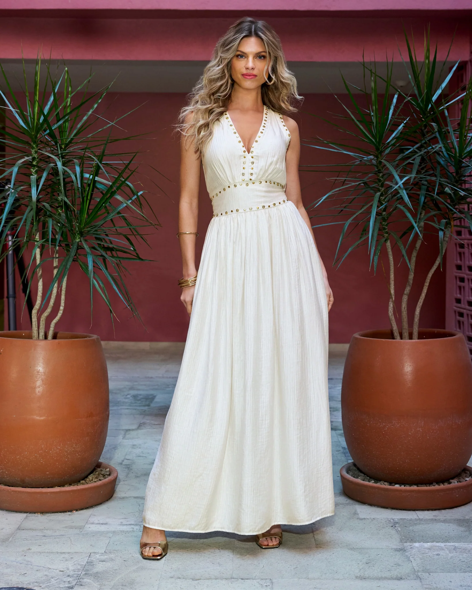 Crystal Grommet Trim Sheen Gauze Maxi Dress Off White - Mycitystee