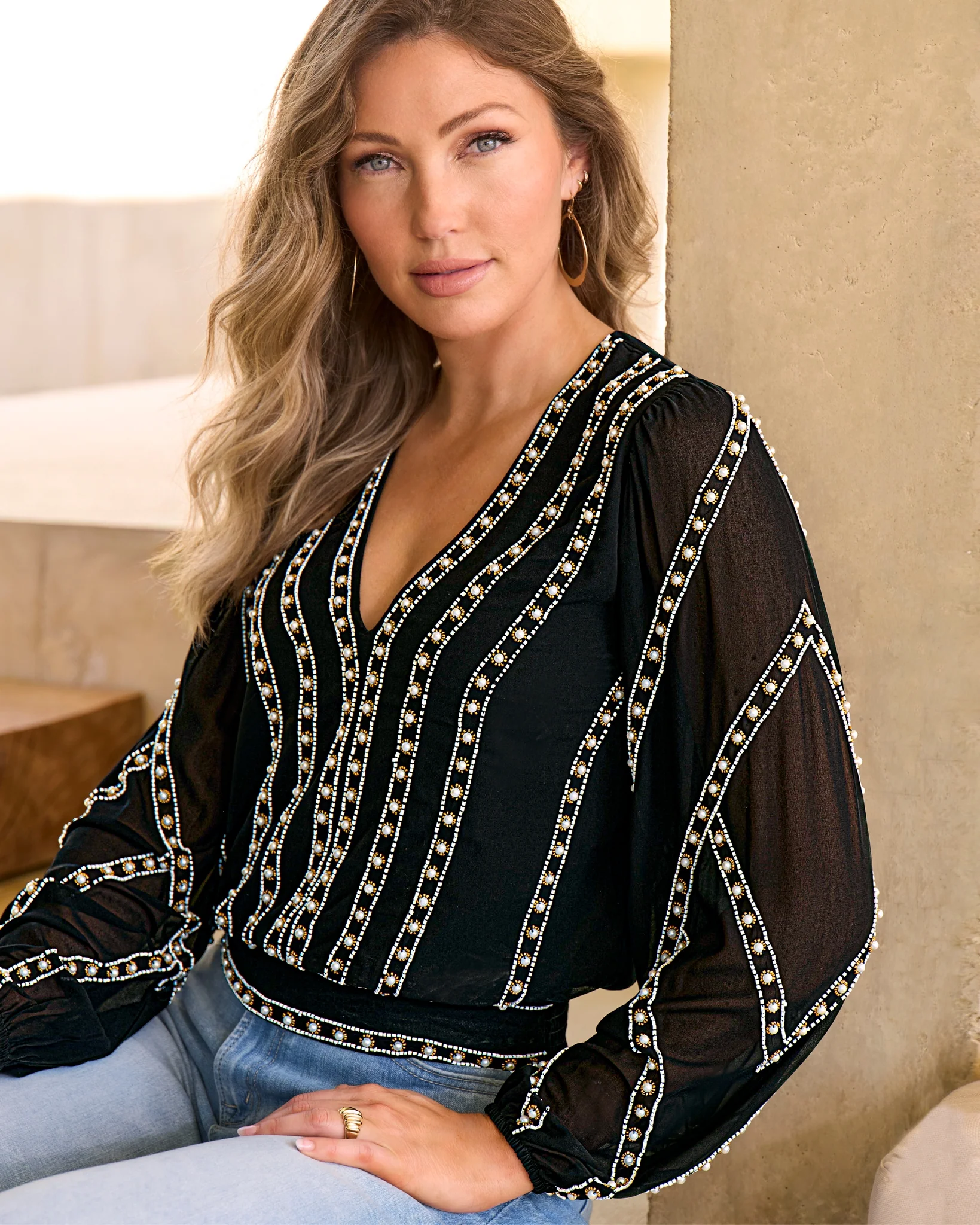 Pearl Grommet Detail Blouse Black - Mycitystee