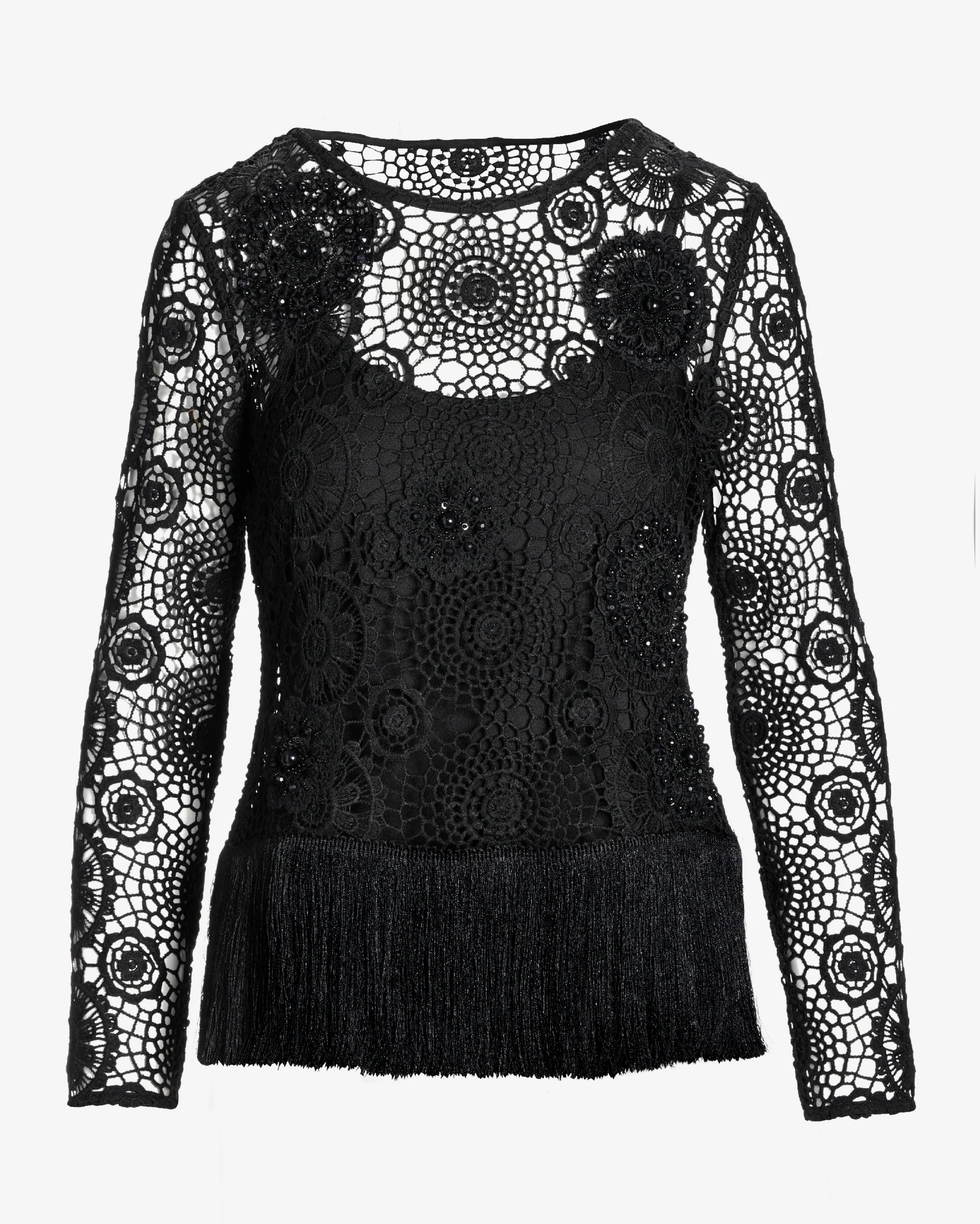 Embellished Crochet Fringe Pullover Black - Mycitystee