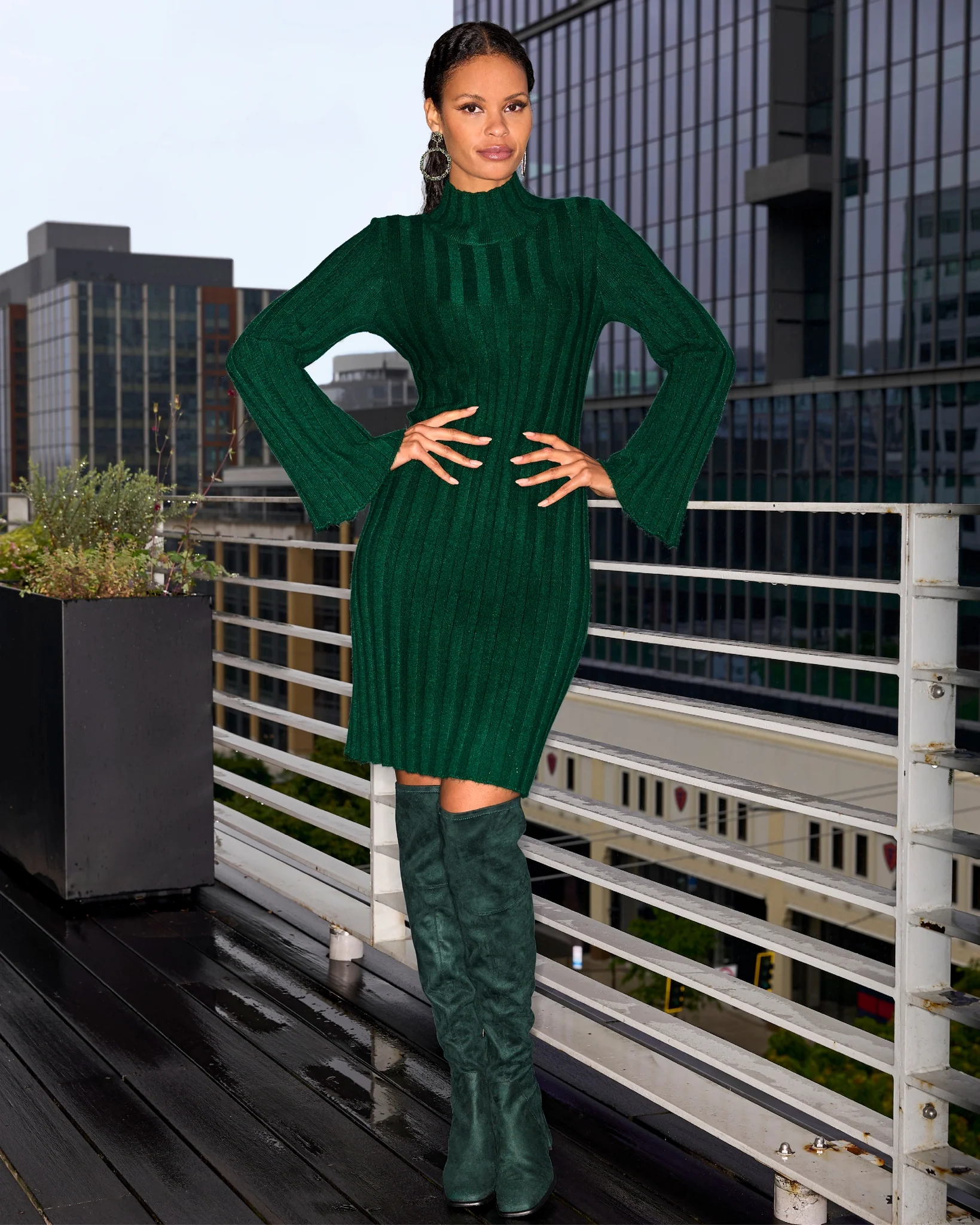 Turtleneck Bell Sleeve Wide Rib Sweater Dress Deep Emerald - Mycitystee