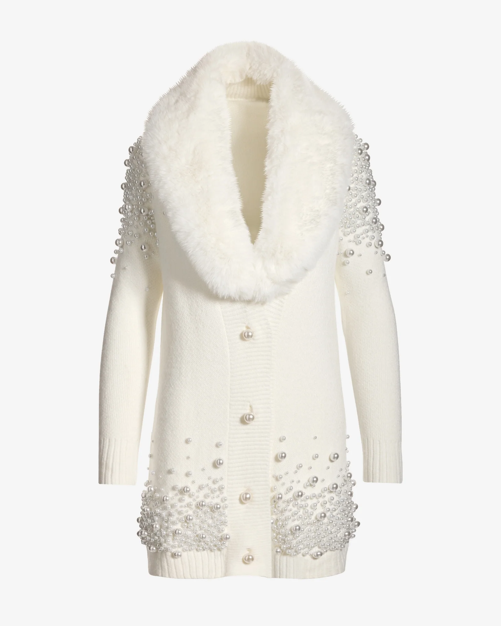 Faux Fur Collar Pearl Embellished Cardigan Sweater Off White - Mycitystee