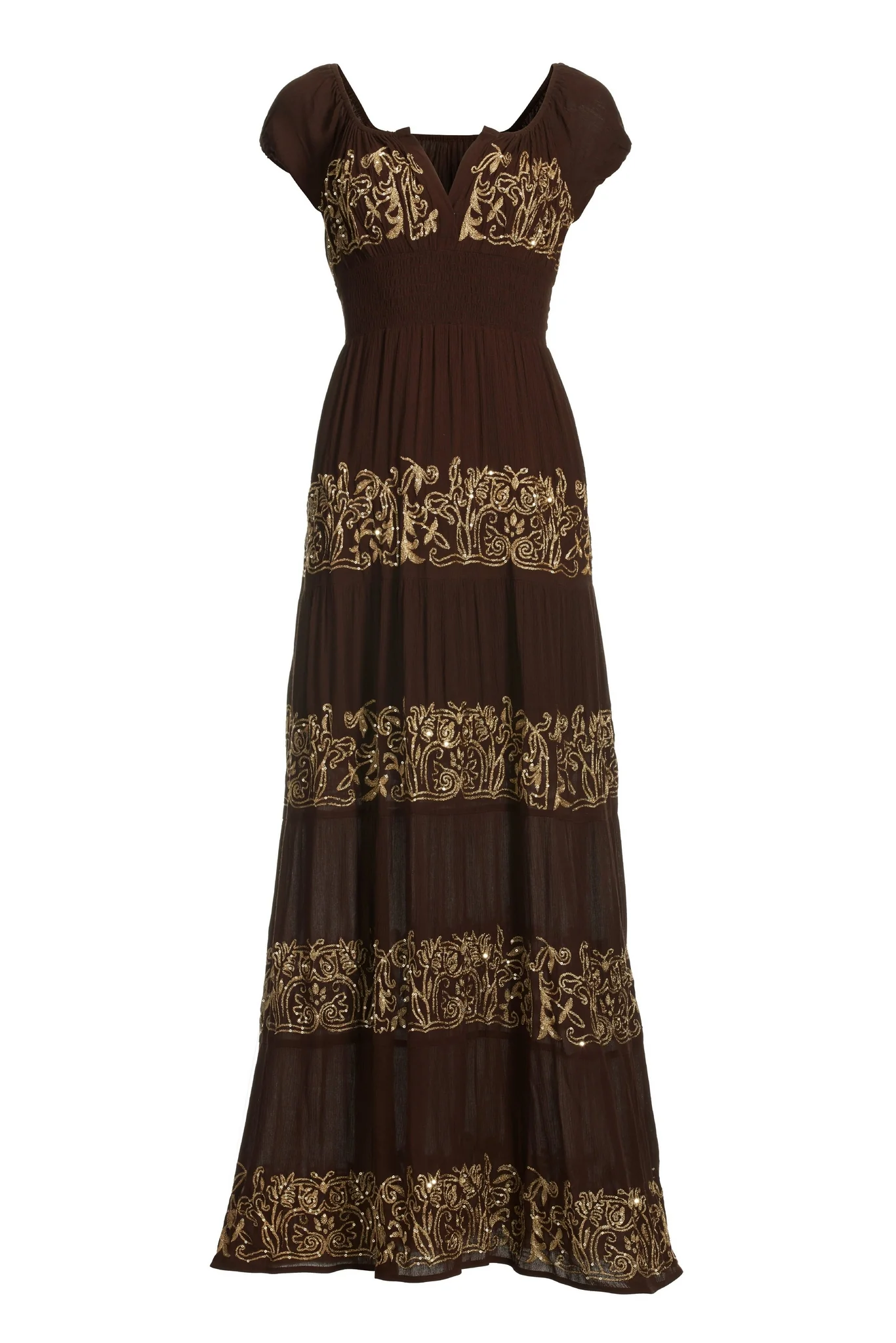 Metallic Detail Tiered Peasant Maxi Dress Coffee Bean - Mycitystee