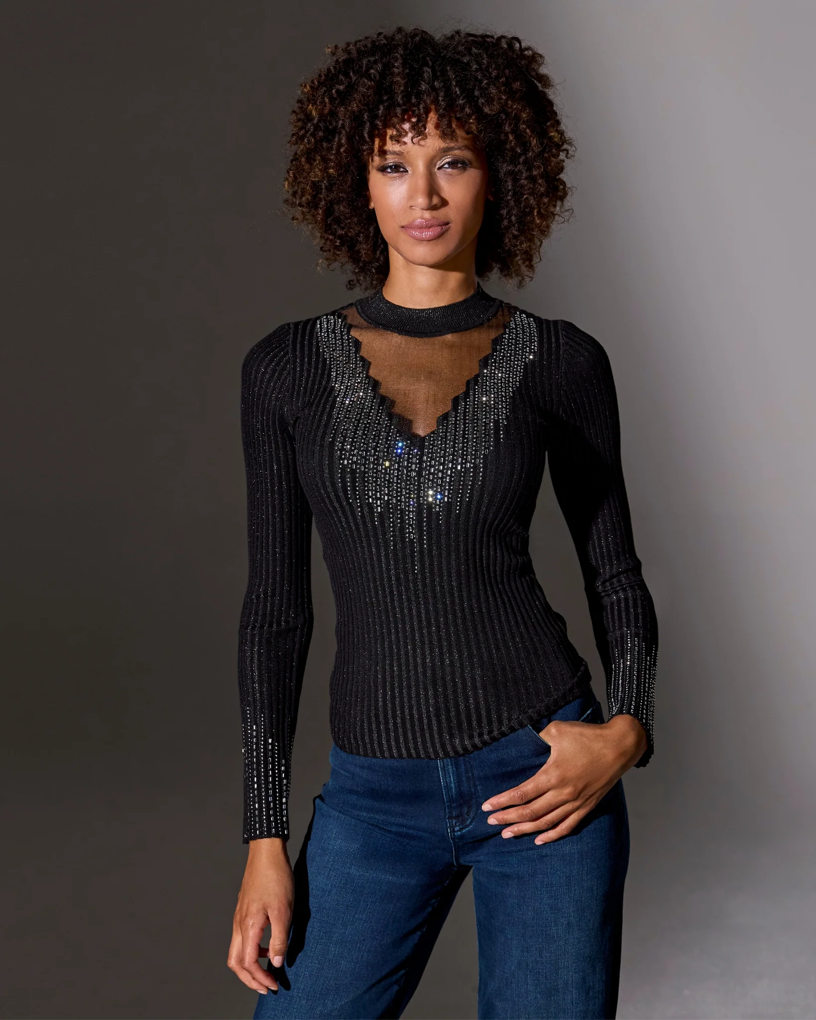Rhinestone Embellished Mesh Illusion Sweater Proper Black - Mycitystee