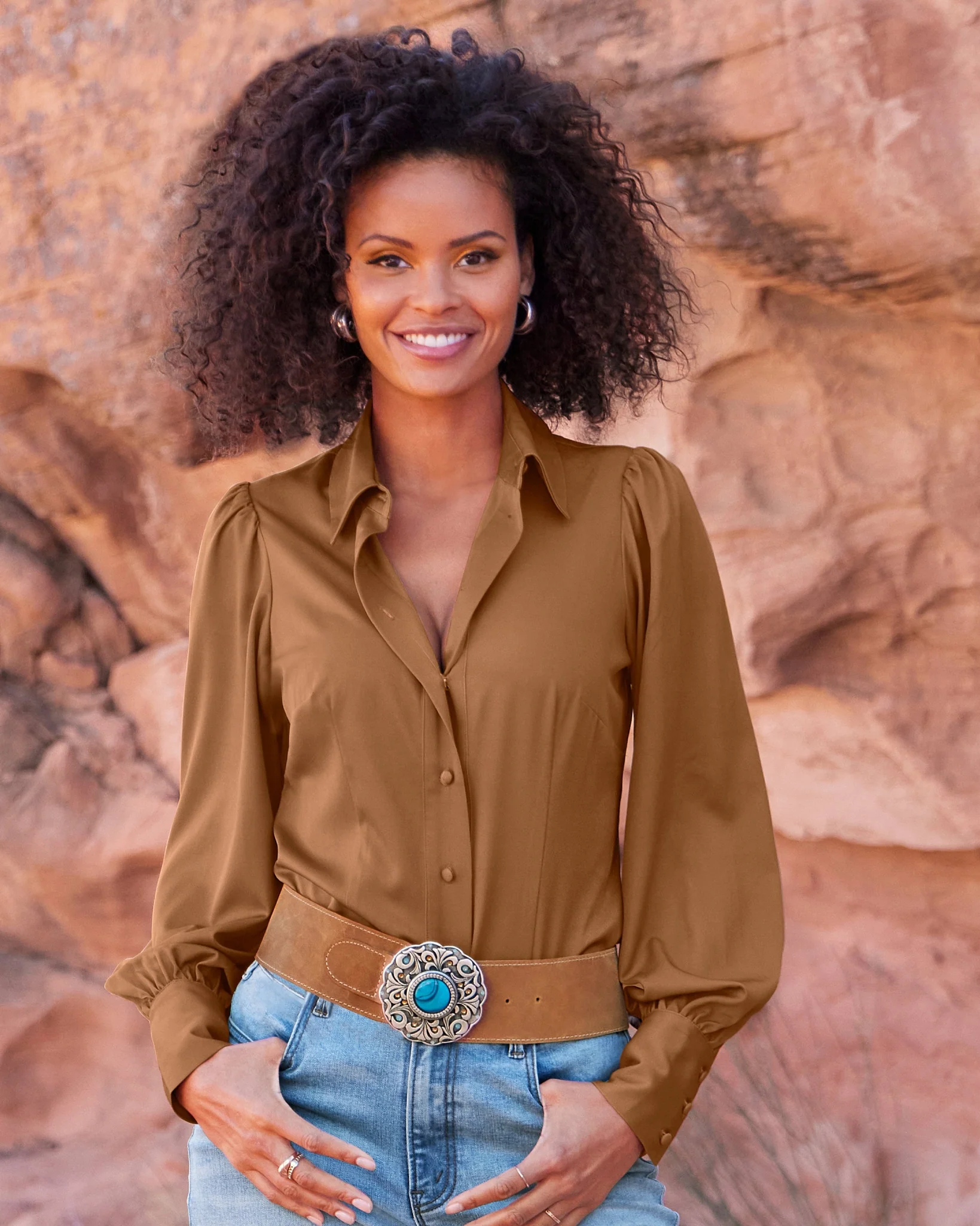 Victoria Chic Drama Sleeve Shirt Cognac - Mycitystee