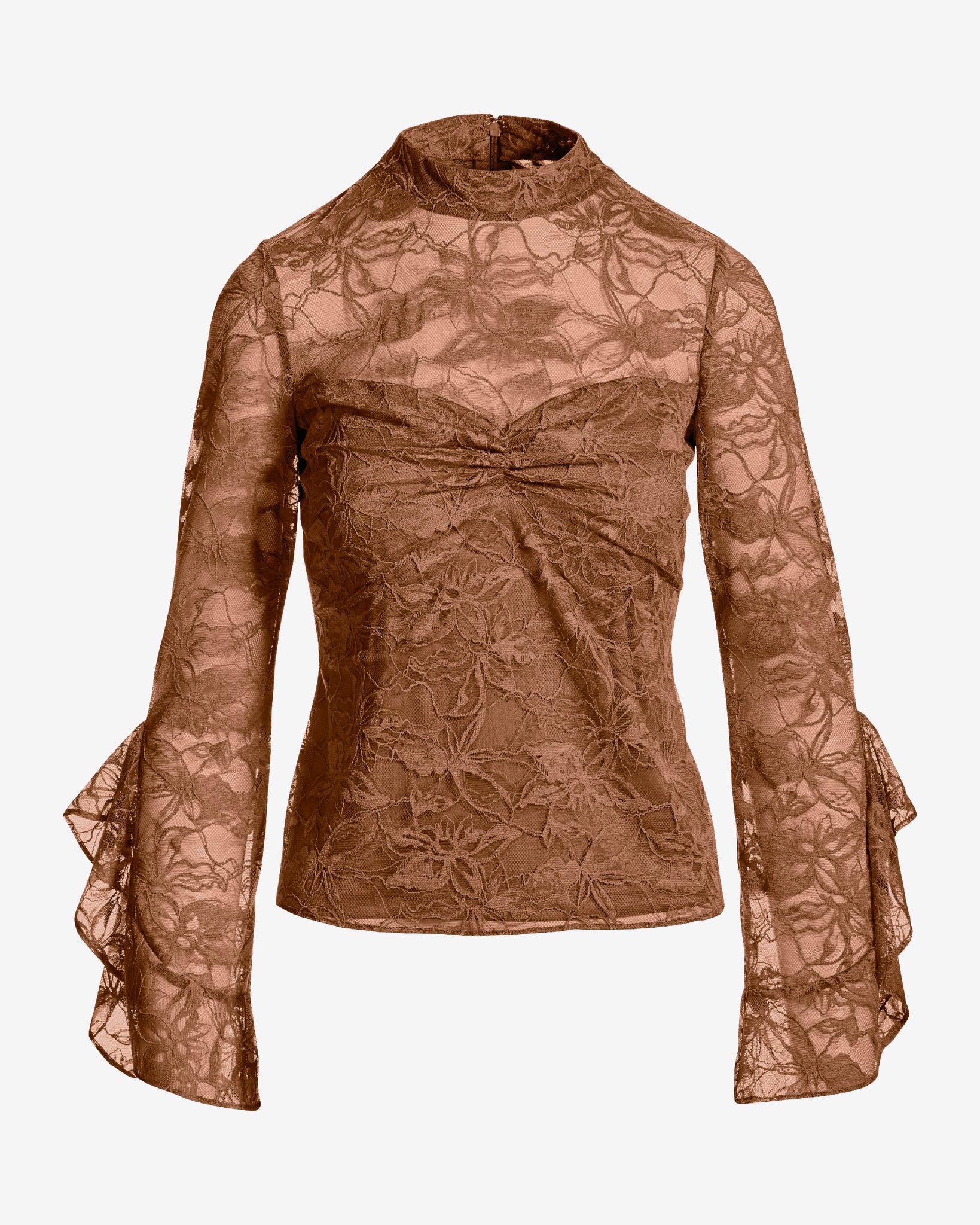 Lace Mock Neck Ruffle Sleeve Blouse Brown - Mycitystee