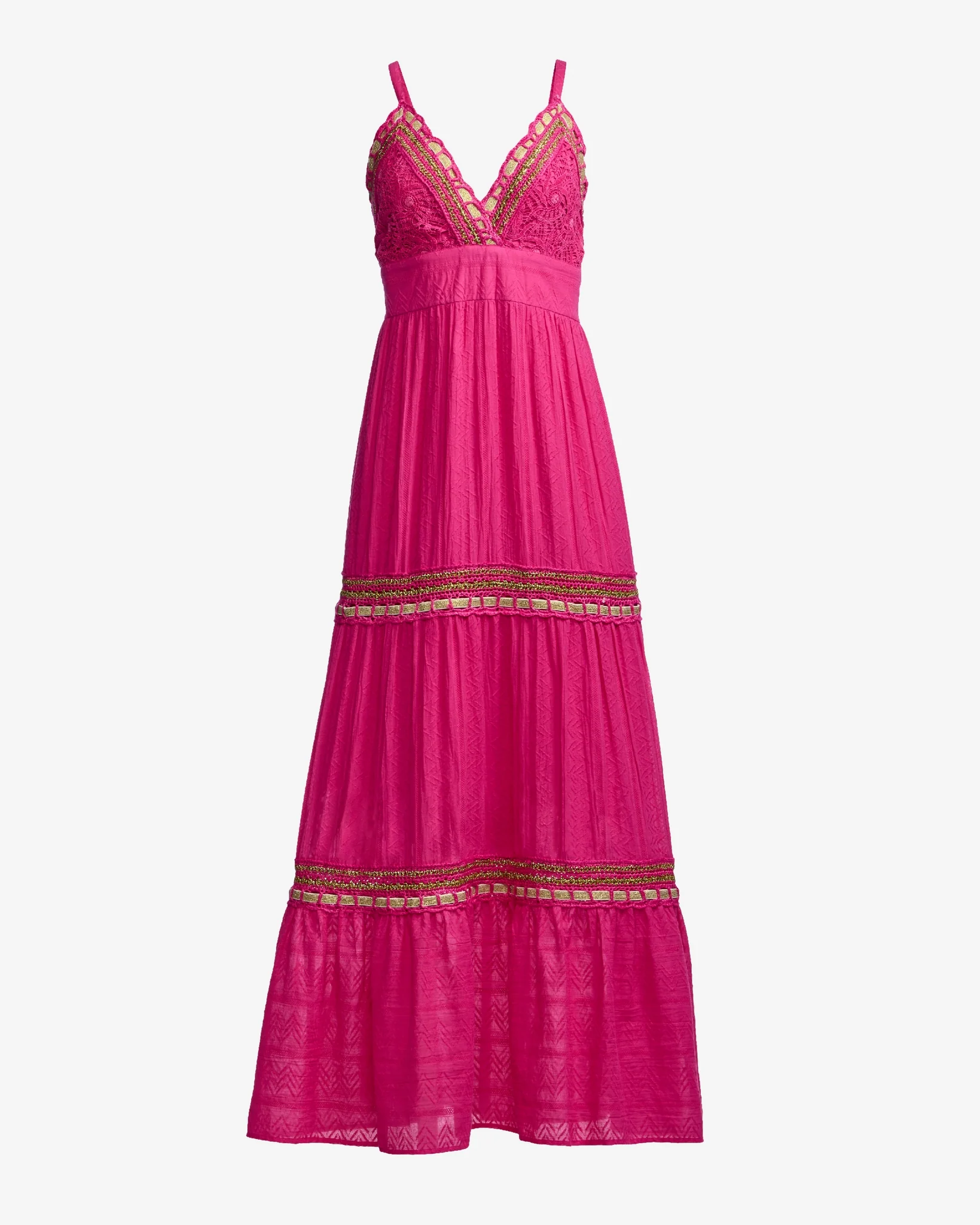 Novelty Lace Inset Metallic Trim Maxi Dress Hot Pink - Mycitystee