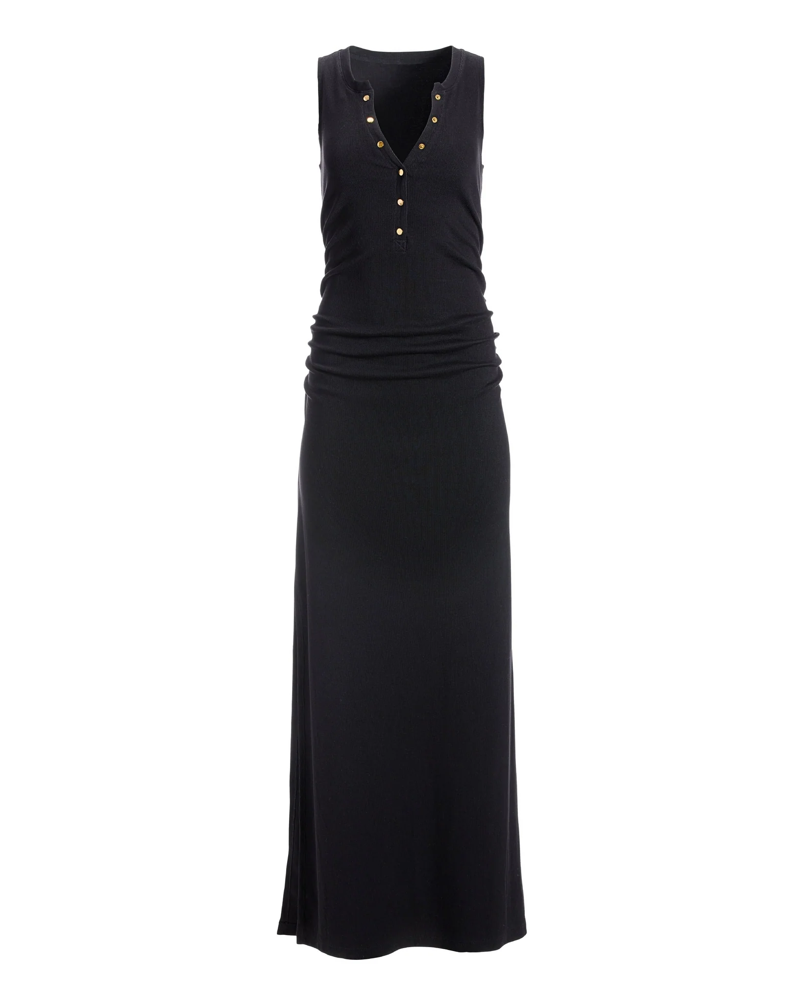 Ribbed Knit Henley Ruched Maxi Dress Black - Mycitystee