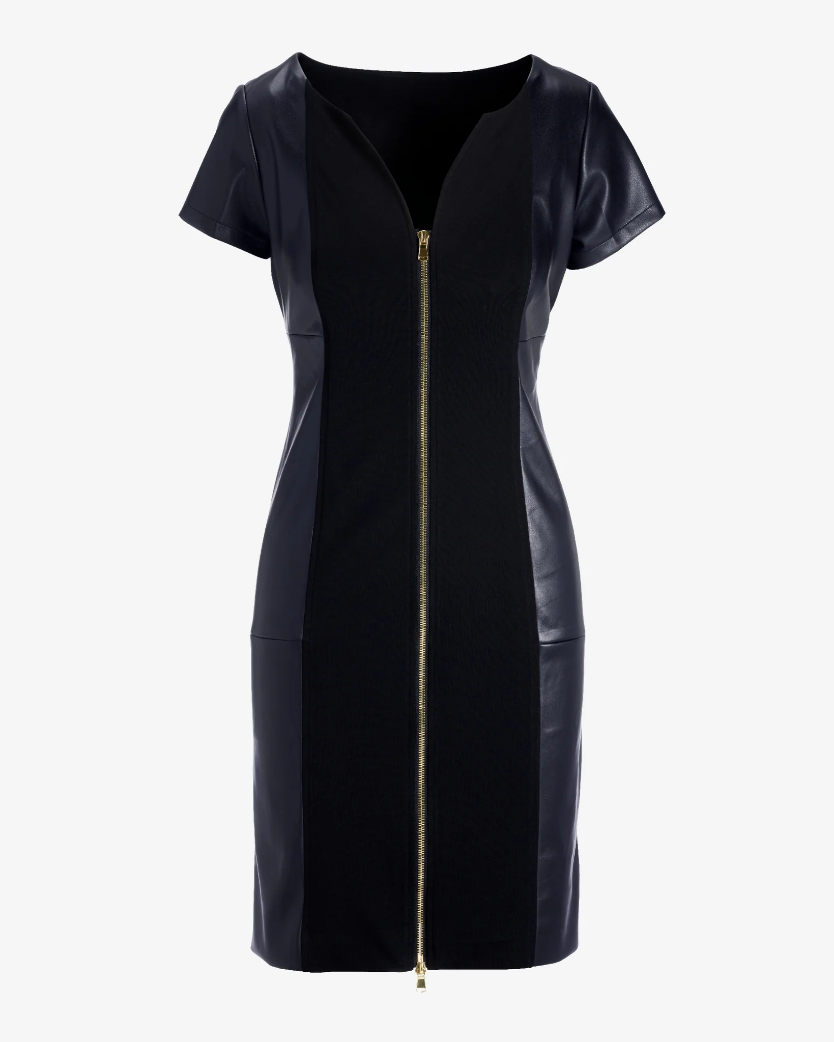 Faux Leather Trim Cap Sleeve Ponte Zip Up Dress Black - Mycitystee