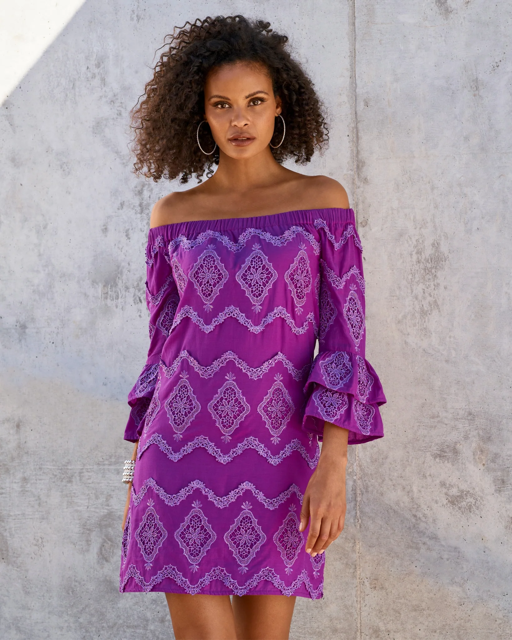 Metallic Lace Detail Off The Shoulder Shift Dress Purple Cactus Flower - Mycitystee