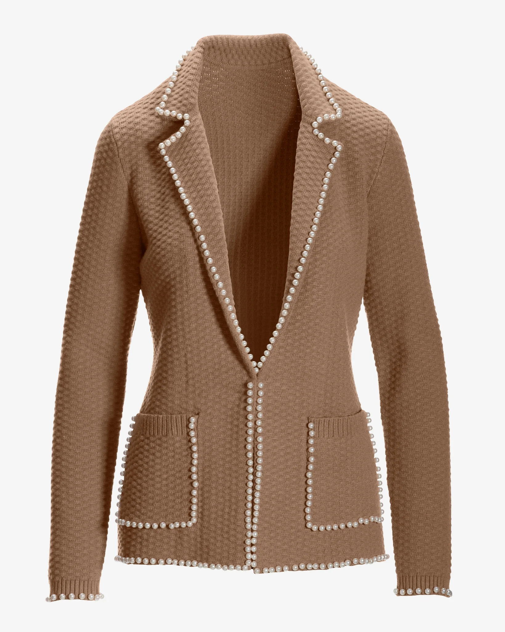 Pearl Embellished Sweater Blazer Tan - Mycitystee