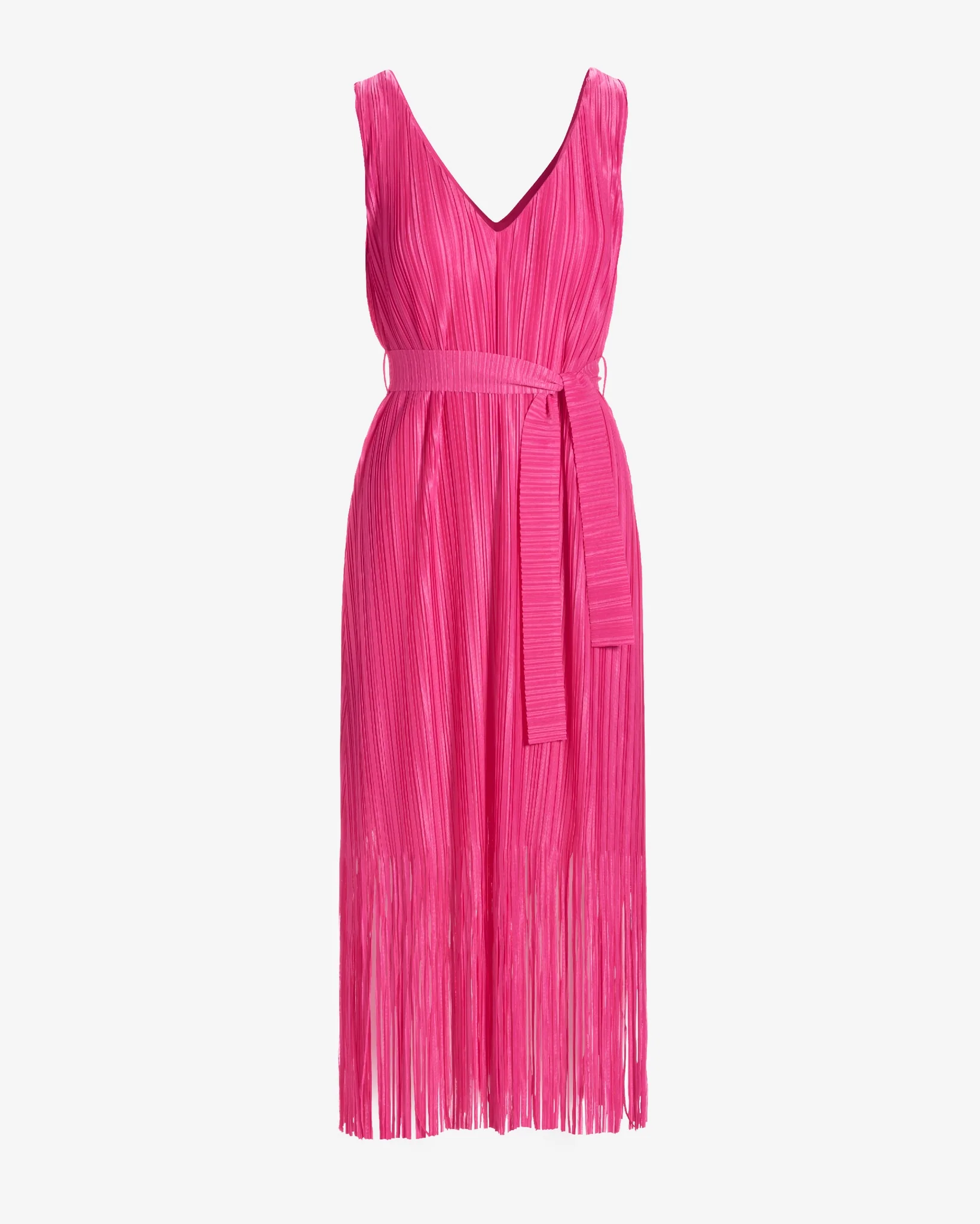V Neck Fringe Pleated Midi Dress Shocking Pink - Mycitystee