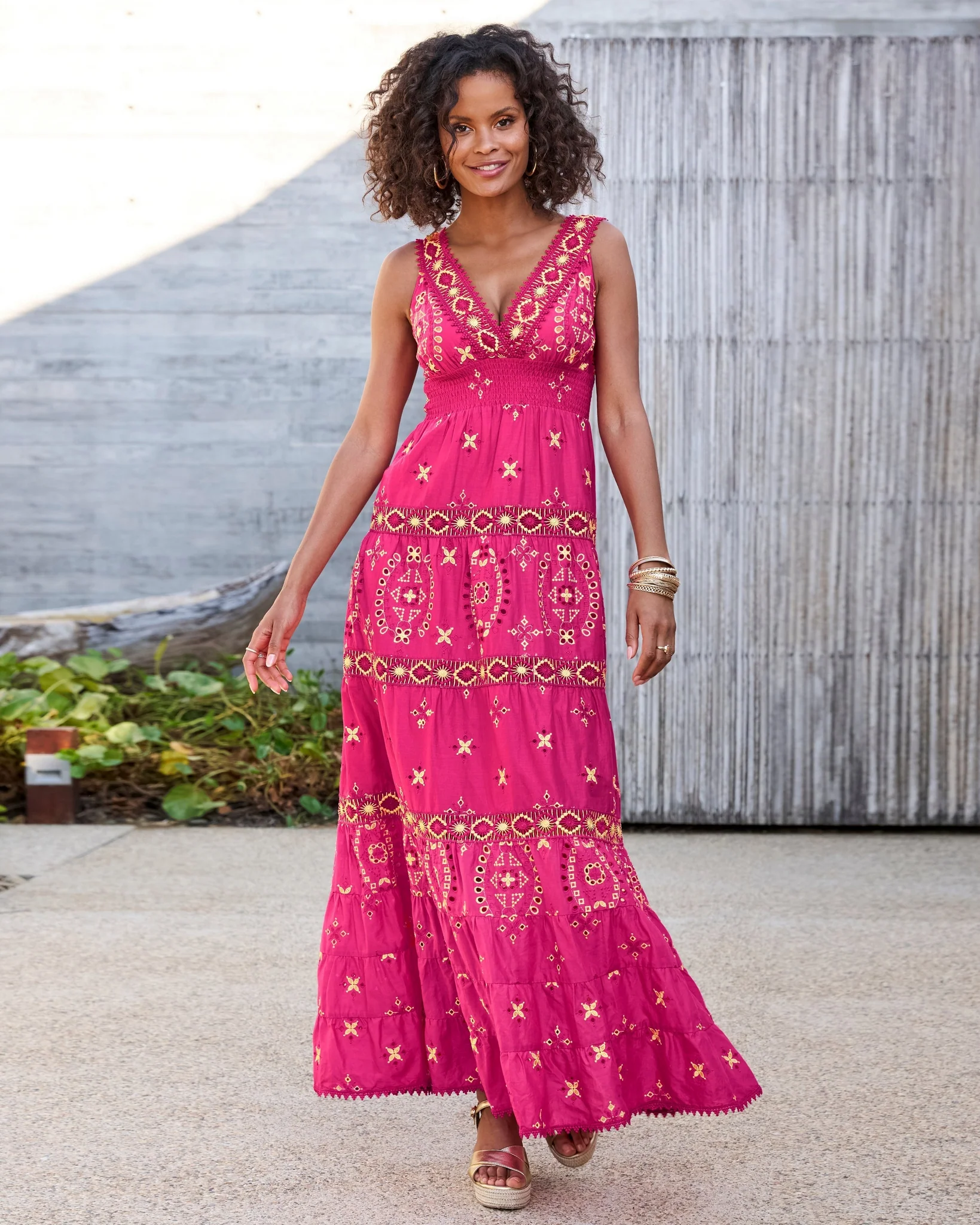 Metallic Lace-Inset Eyelet Maxi Dress Pink/Gold - Mycitystee