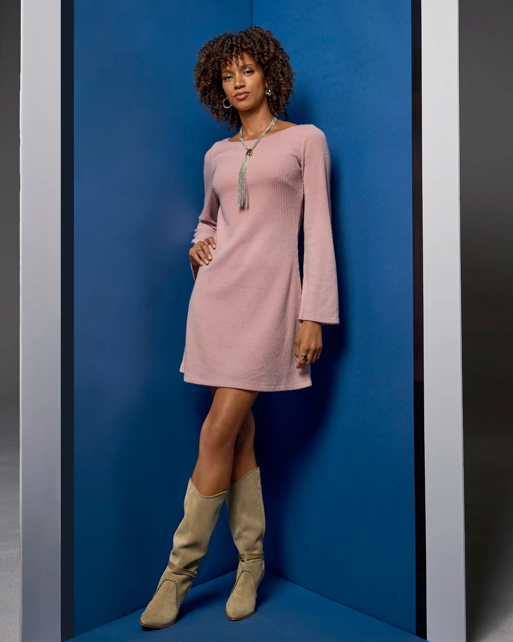 Ribbed Hacci Everyday A Line Dress Soft Pink - Mycitystee