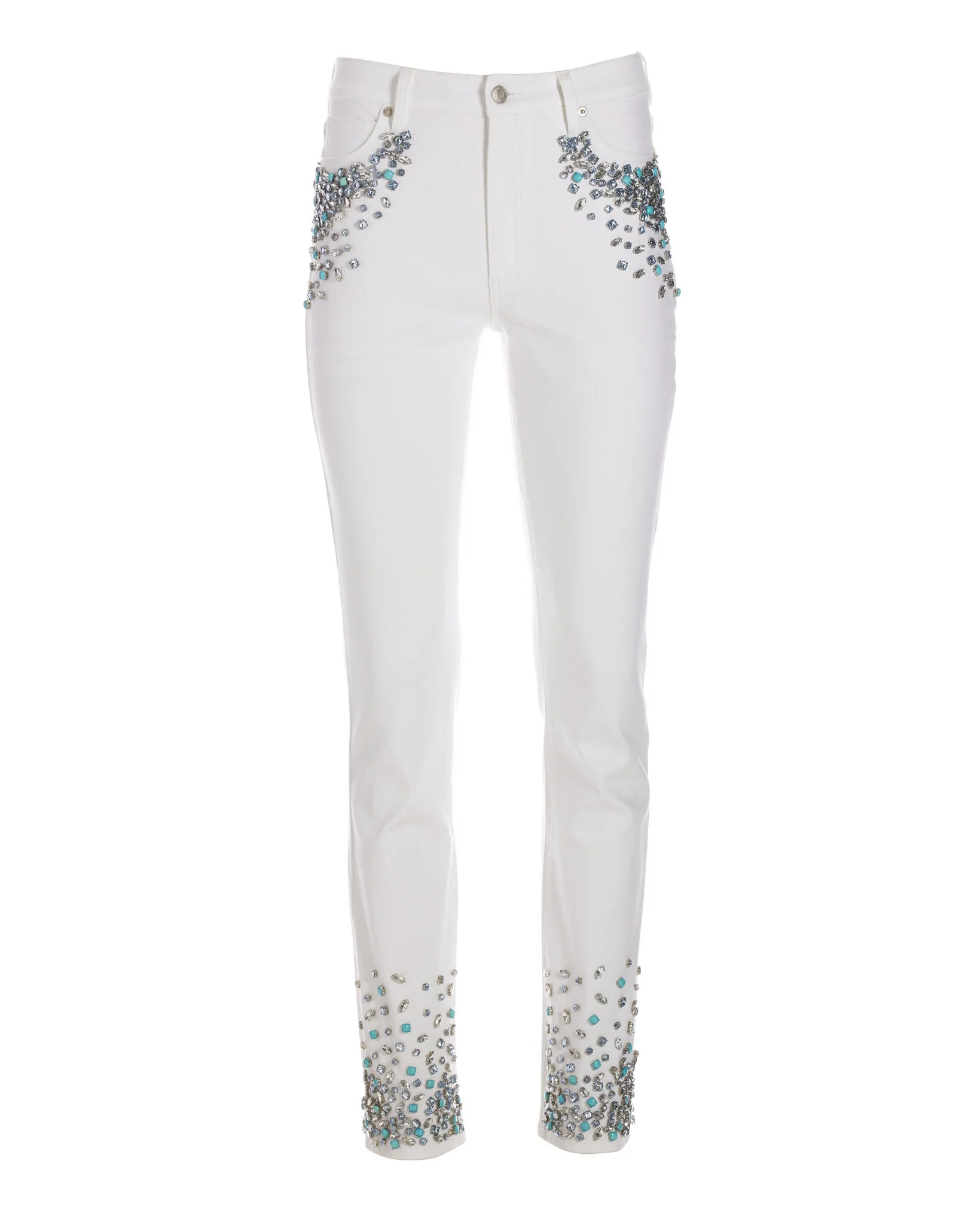 Turquoise And Crystals Embellished Slim Jean White/Turquoise - Mycitystee