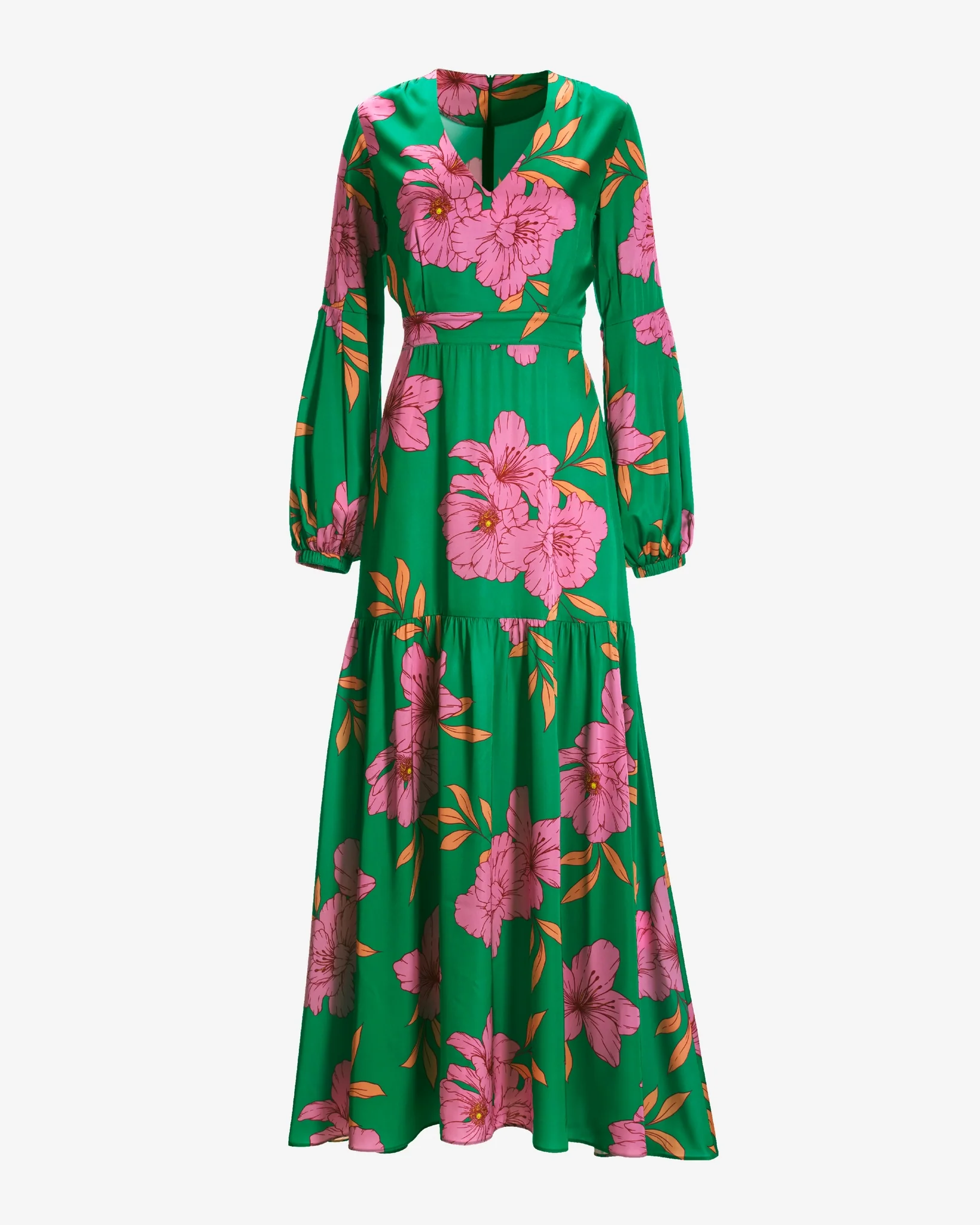 Drawn Floral Print V Neck Tiered Woven Maxi Dress Green/Pink - Mycitystee