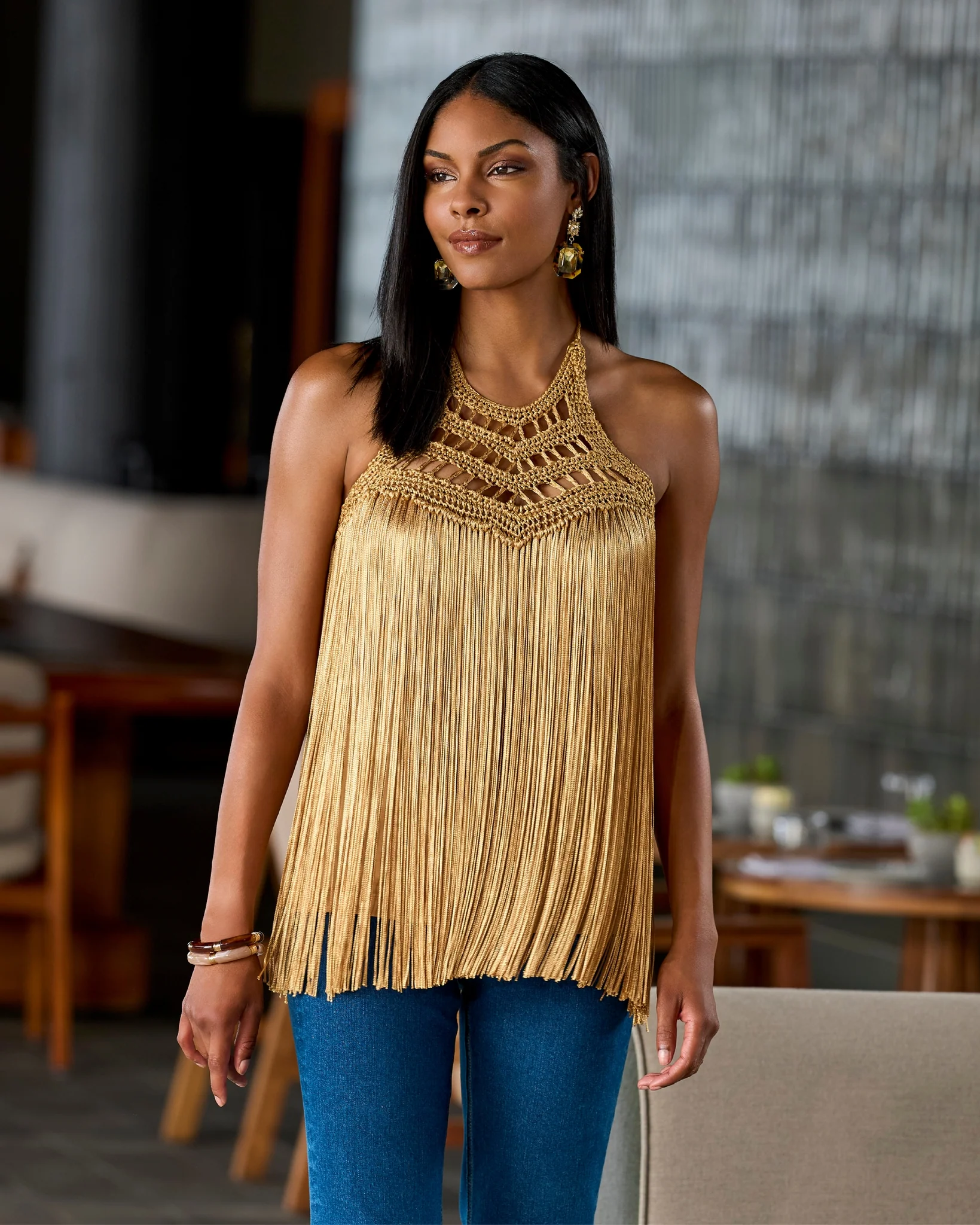 Macram   Fringe High Neck Tank Tan - Mycitystee