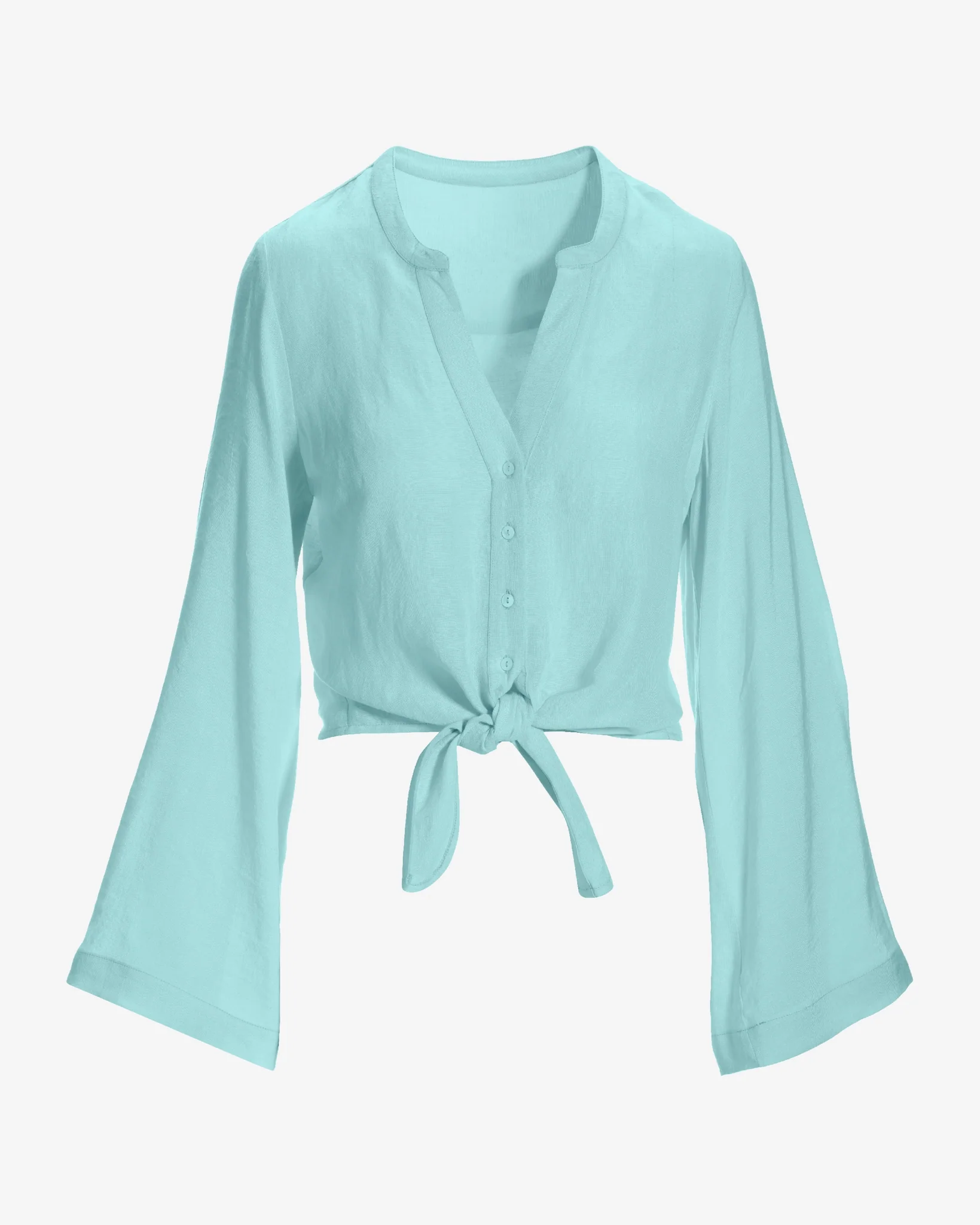 Linen Flare Sleeve Tie Front Shirt Tanager Turquoise - Mycitystee