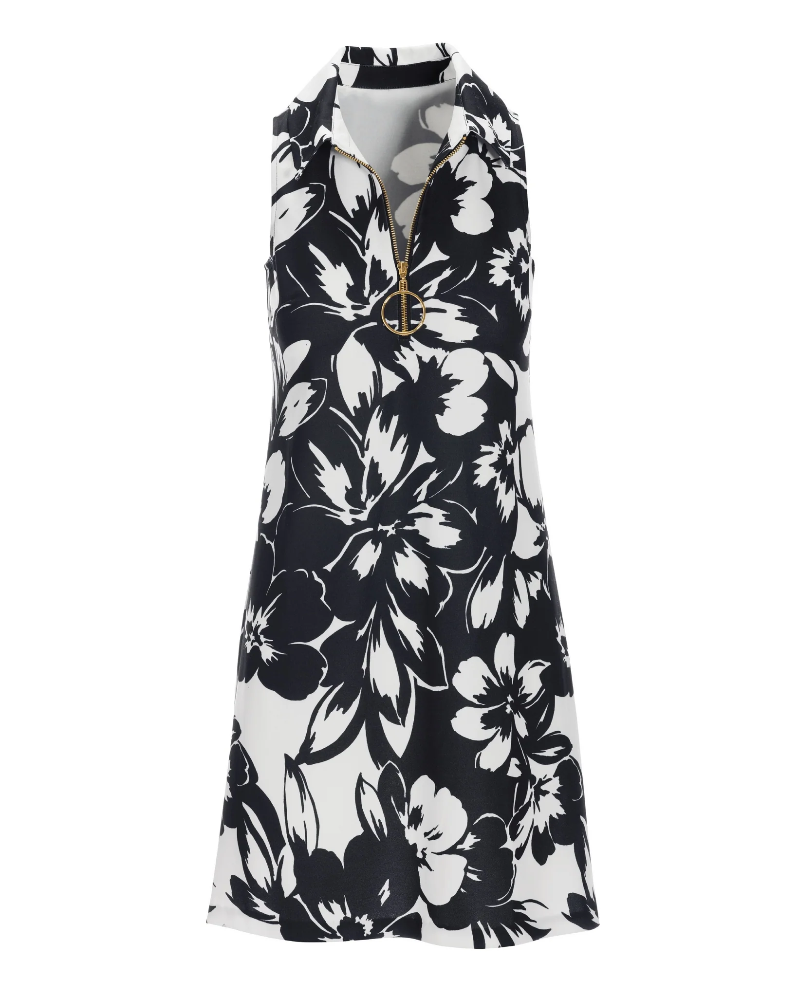 Exploded Florals Print Zip Collar Dress Black/White - Mycitystee