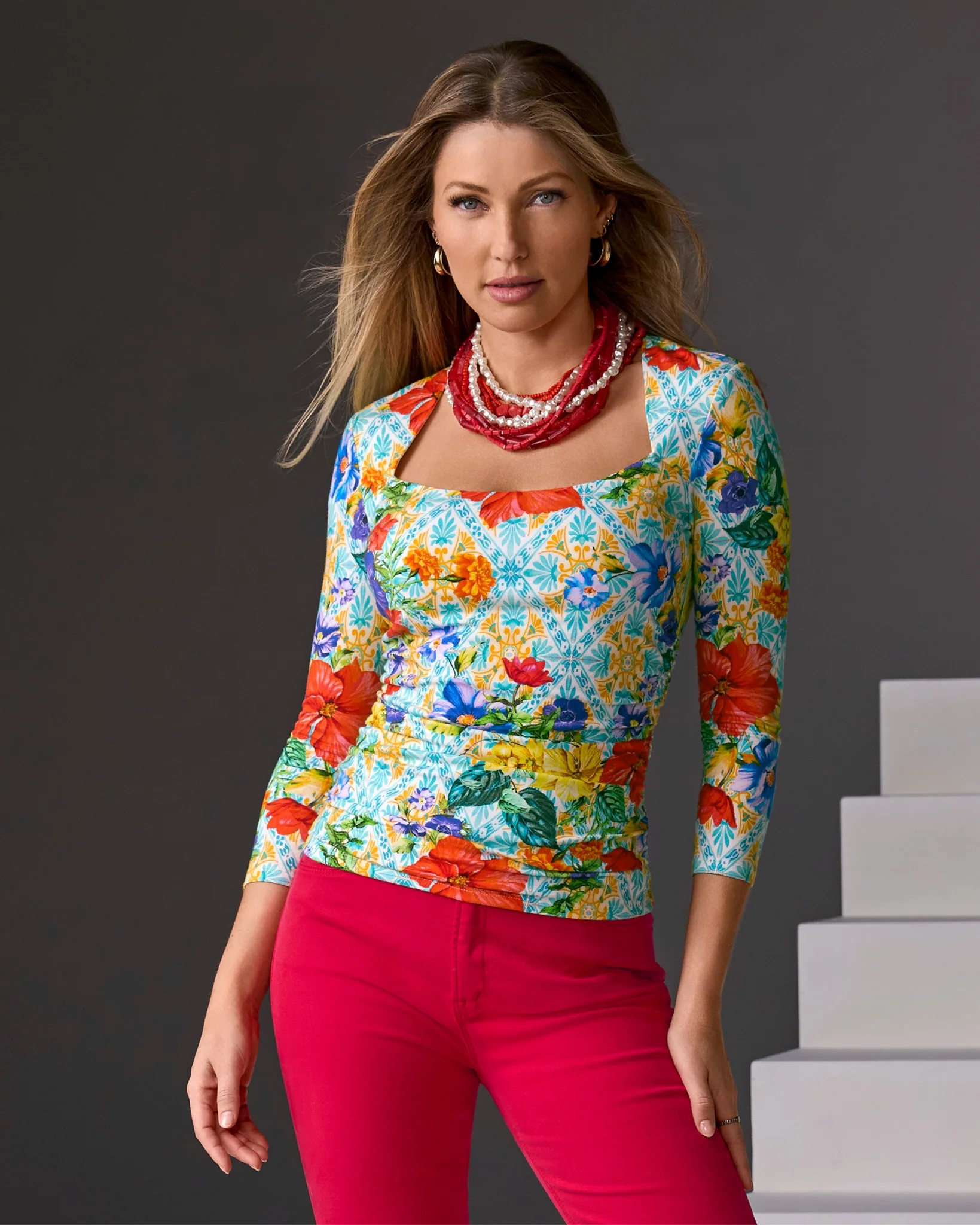 So Sexy Ruched Three Quarter Sleeve Print Top Amalfi Tiles - Mycitystee