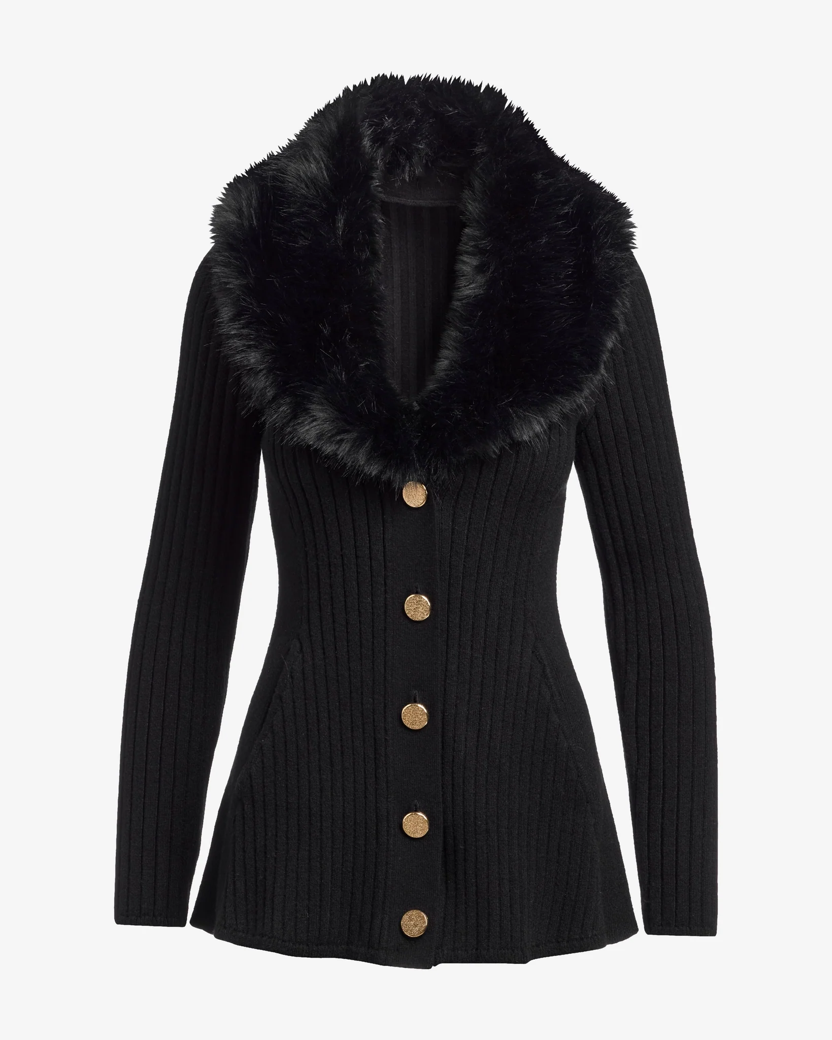 Faux Fur Trim Button Up A-Line Cardigan Proper Black - Mycitystee