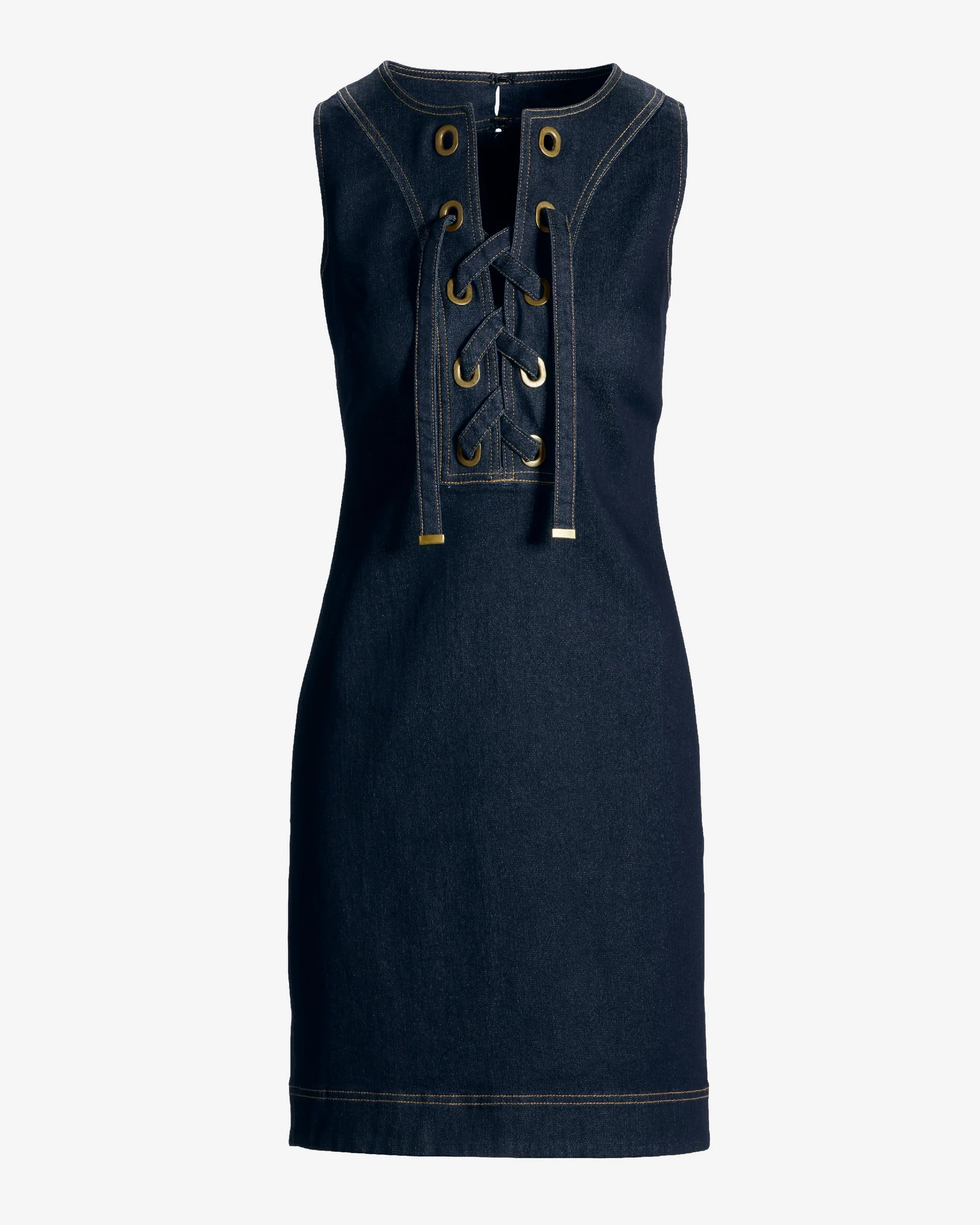 Sleeveless Lace Up Grommet Detail Denim Tunic Dress Rinse - Mycitystee