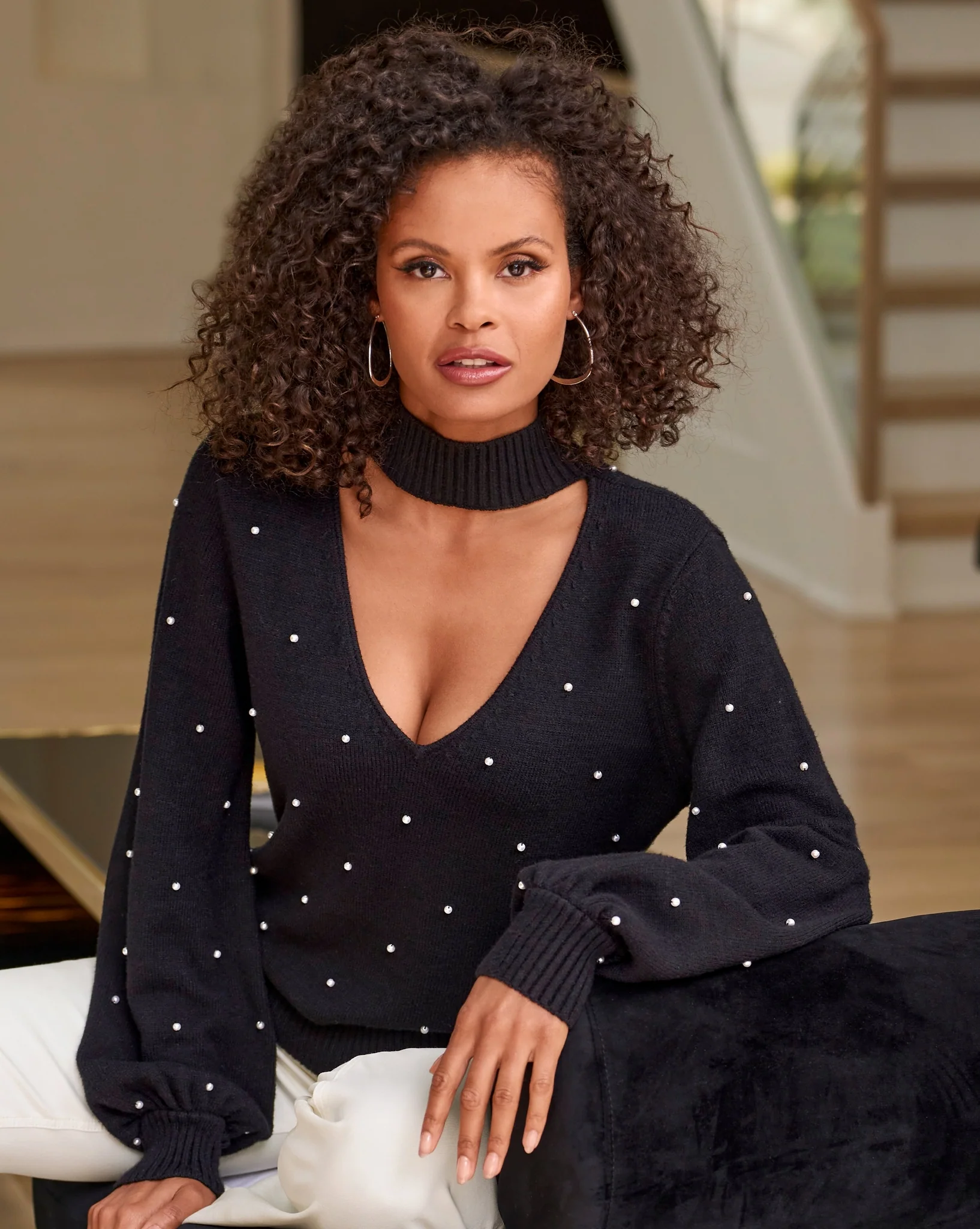 All Over Pearl Embellished Keyhole Sweater Black - Mycitystee