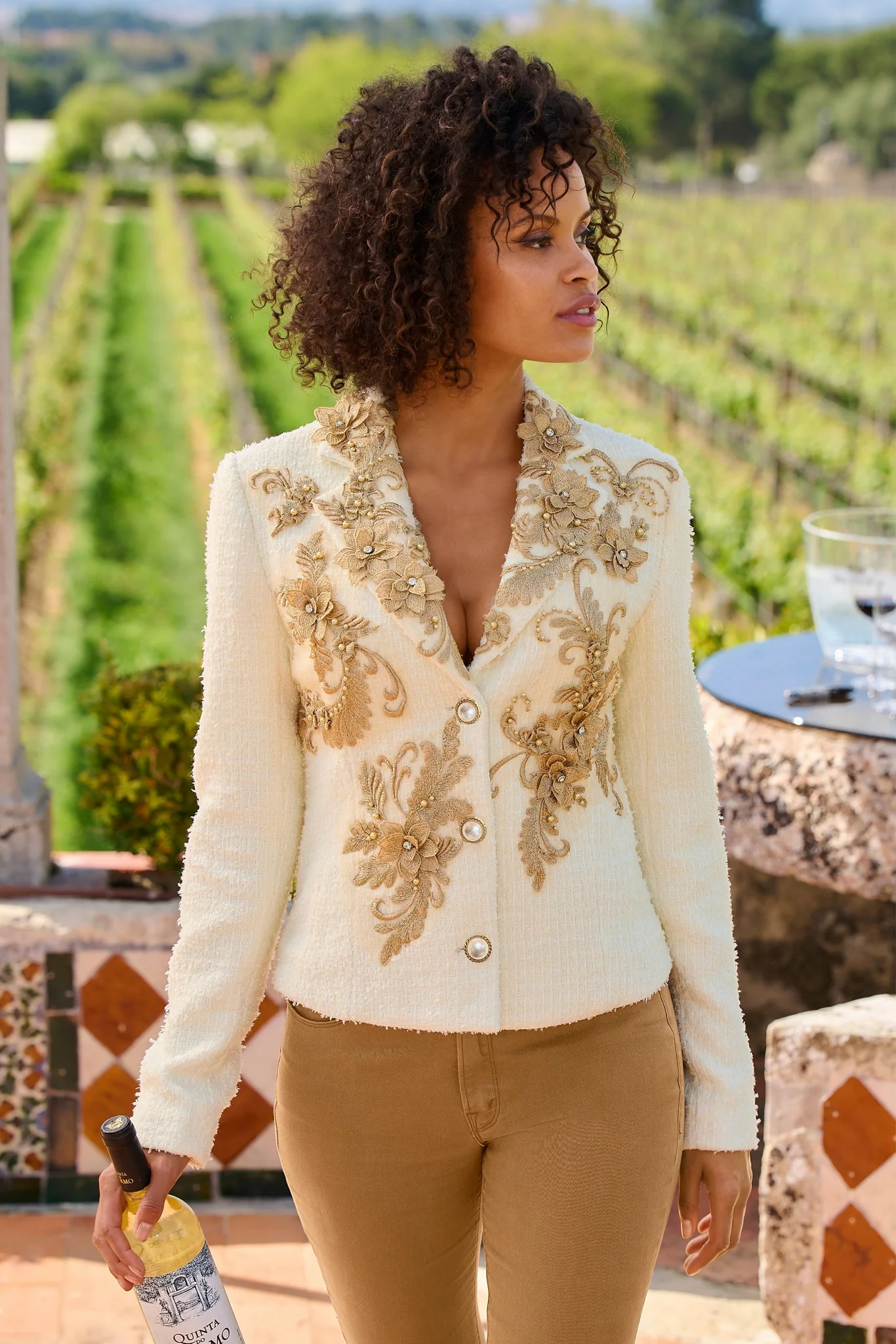 Metallic Floral Appliqu Tweed Parisian Jacket Off White/Gold - Mycitystee