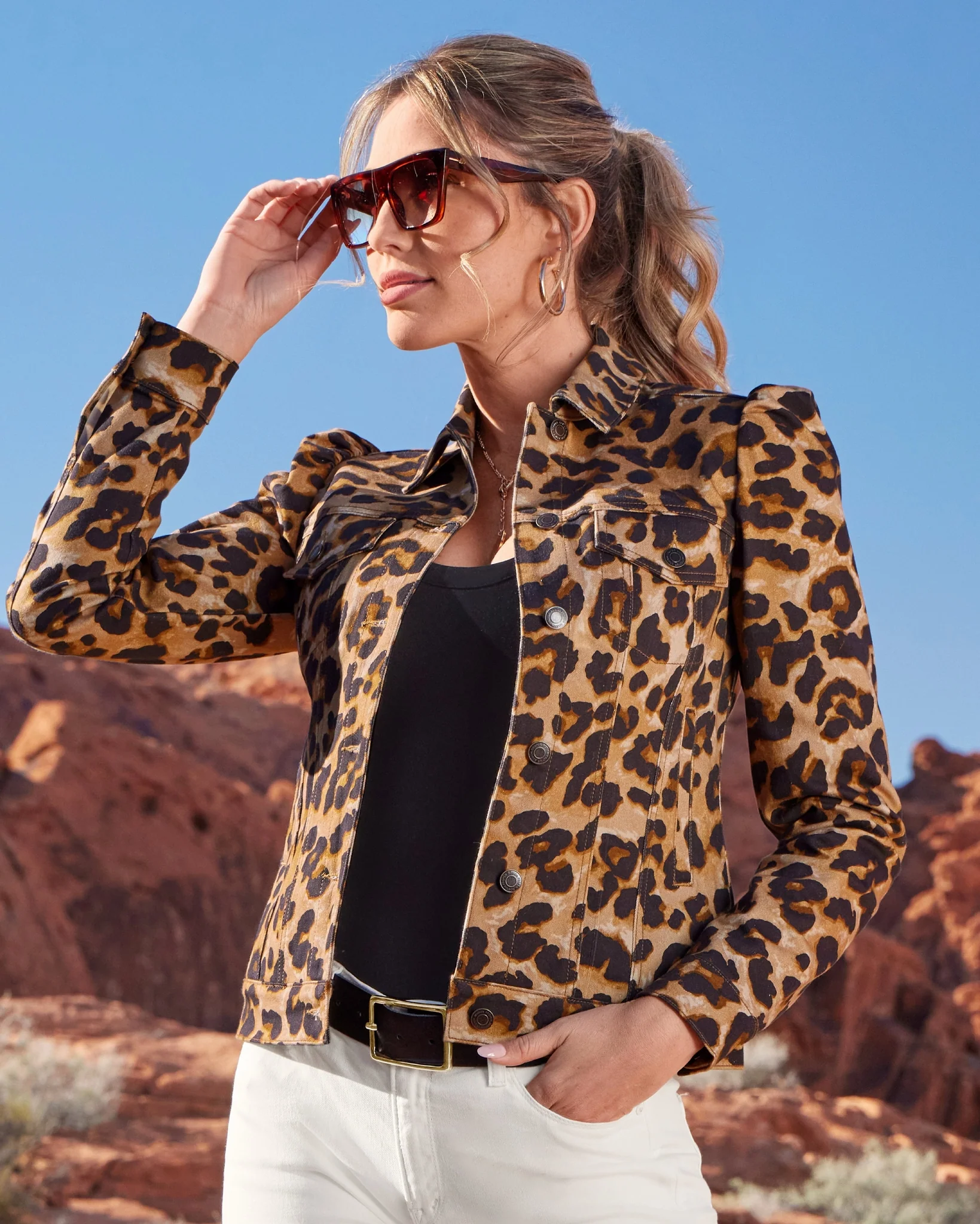 Exploded Cheetah Print Denim Puff-Sleeve Jacket Neutral - Mycitystee