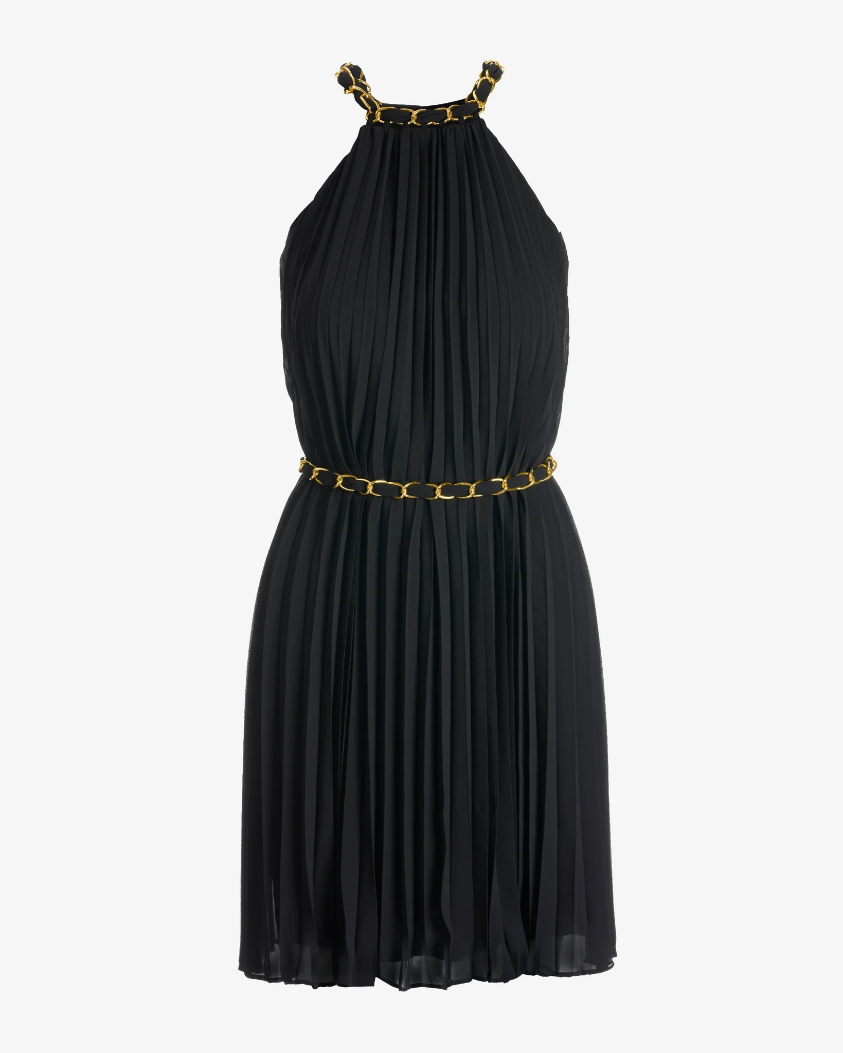 Chain Detail High neck Pleated Fit and Flare Dress Black - Mycitystee