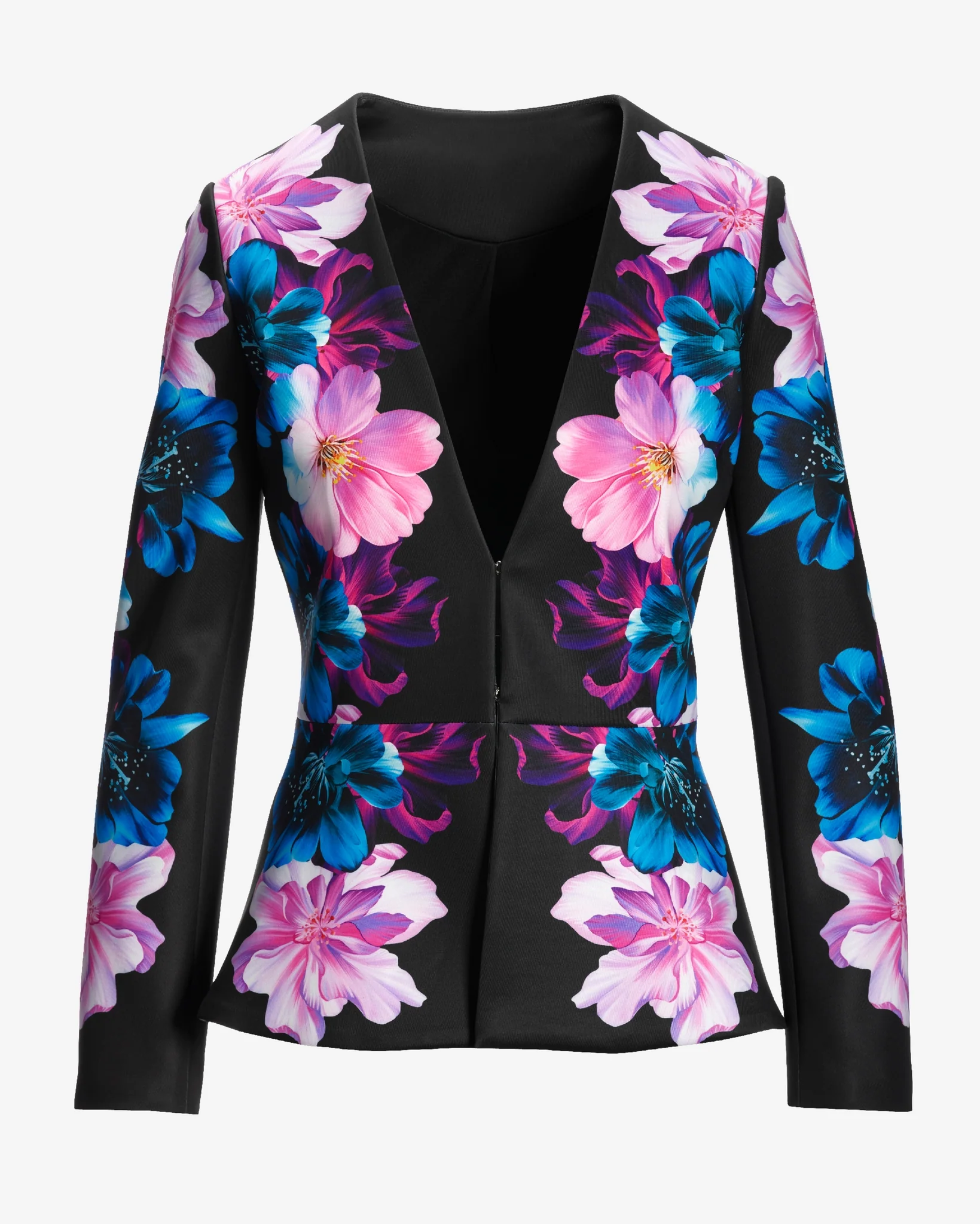Midnight Garden Placed Print Peplum Scuba Jacket Black - Mycitystee