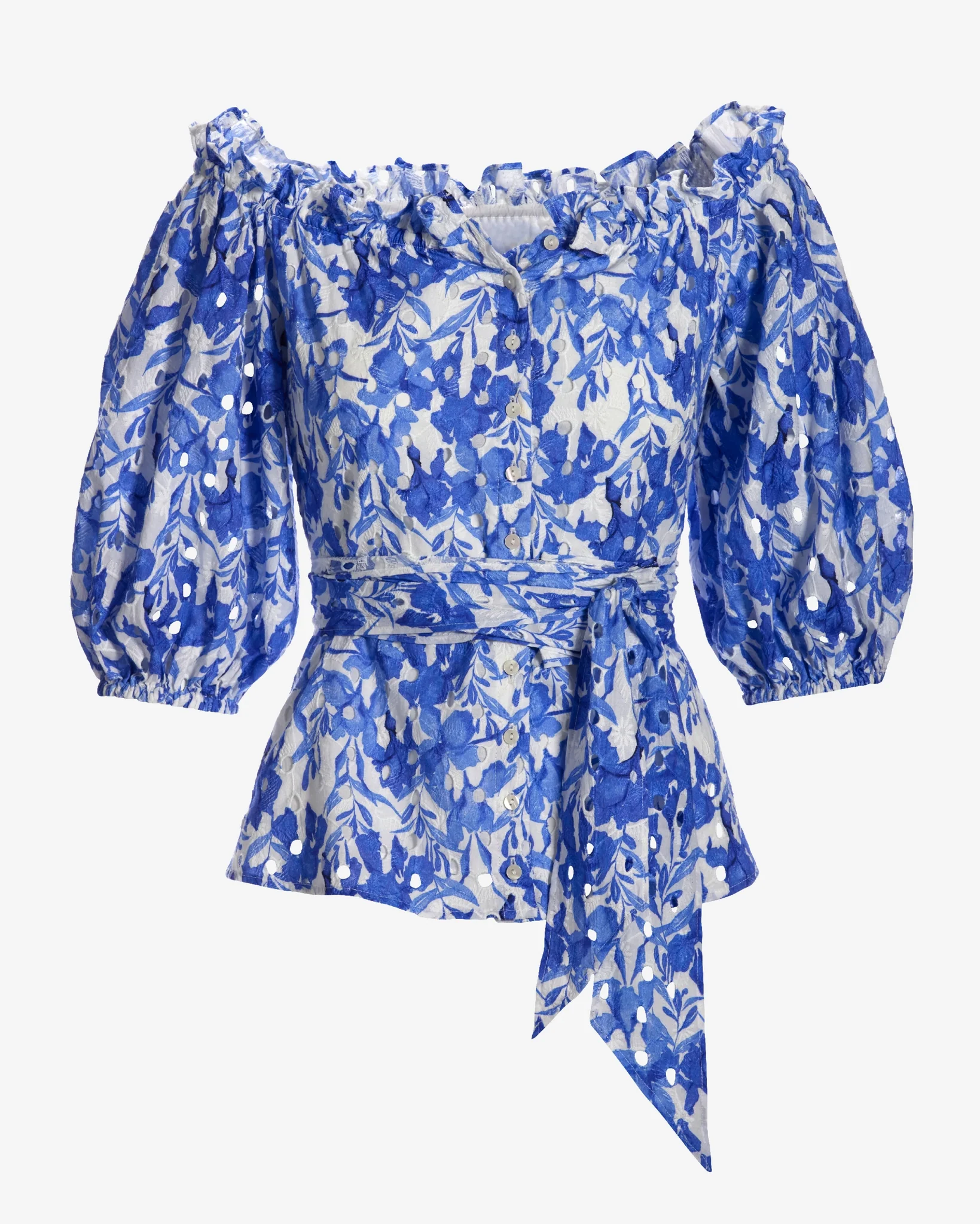 Ocean Fleurs Print Eyelet Puff Sleeve Tie Waist Peplum Blouse Blue - Mycitystee