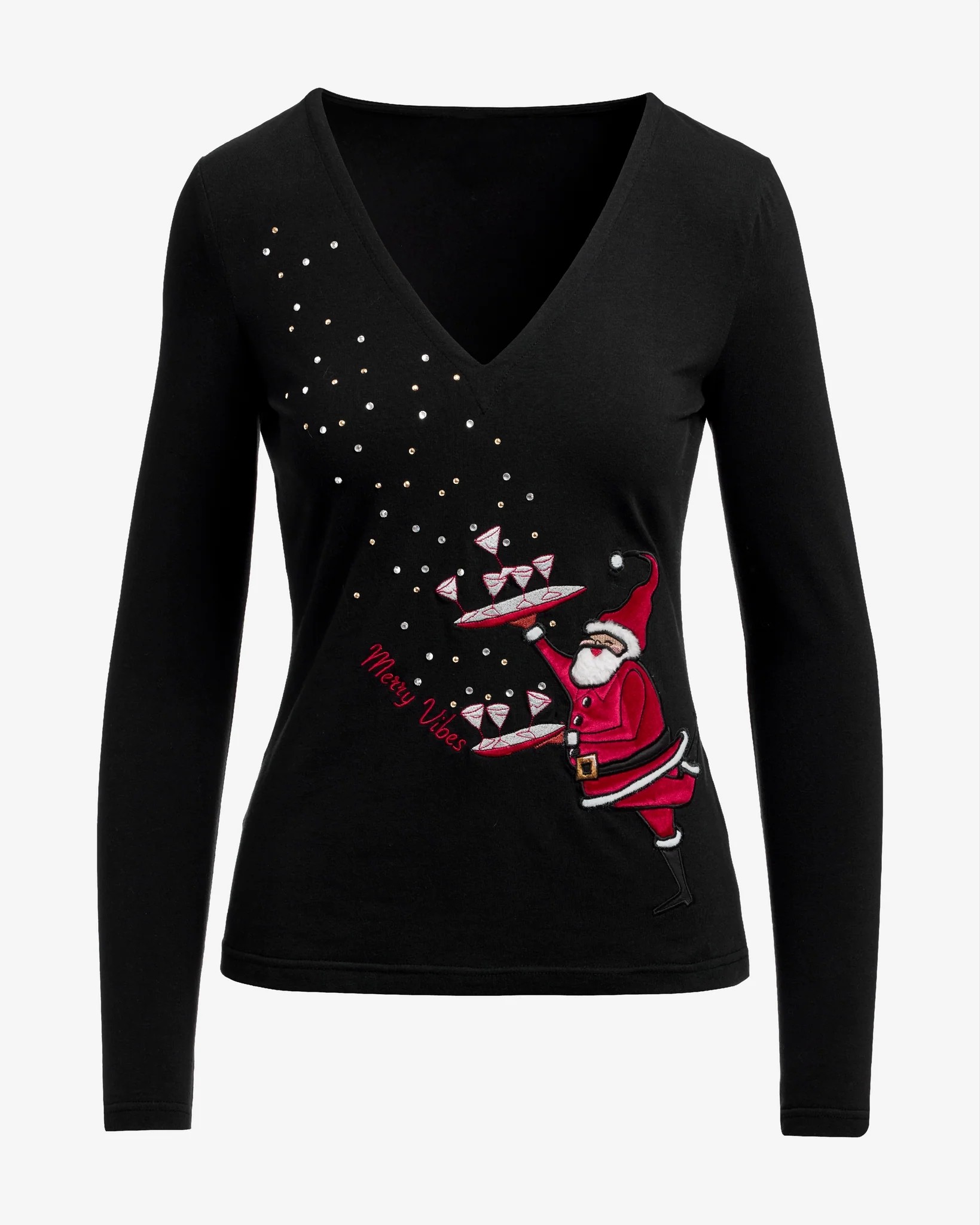 Festive Santa Long Sleeve Top Black Multi - Mycitystee