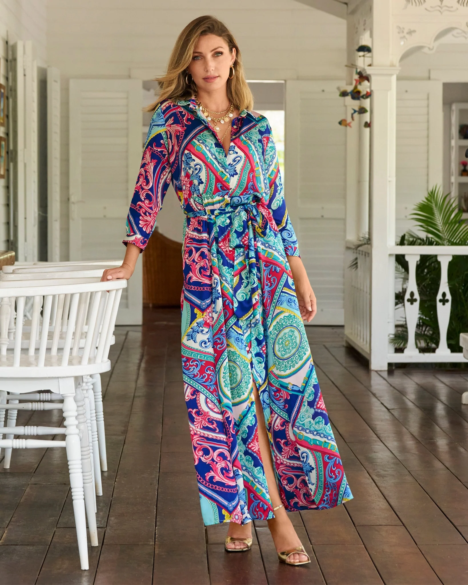 Luxe Tiles Print Charmeuse Maxi Shirt Dress Multi - Mycitystee