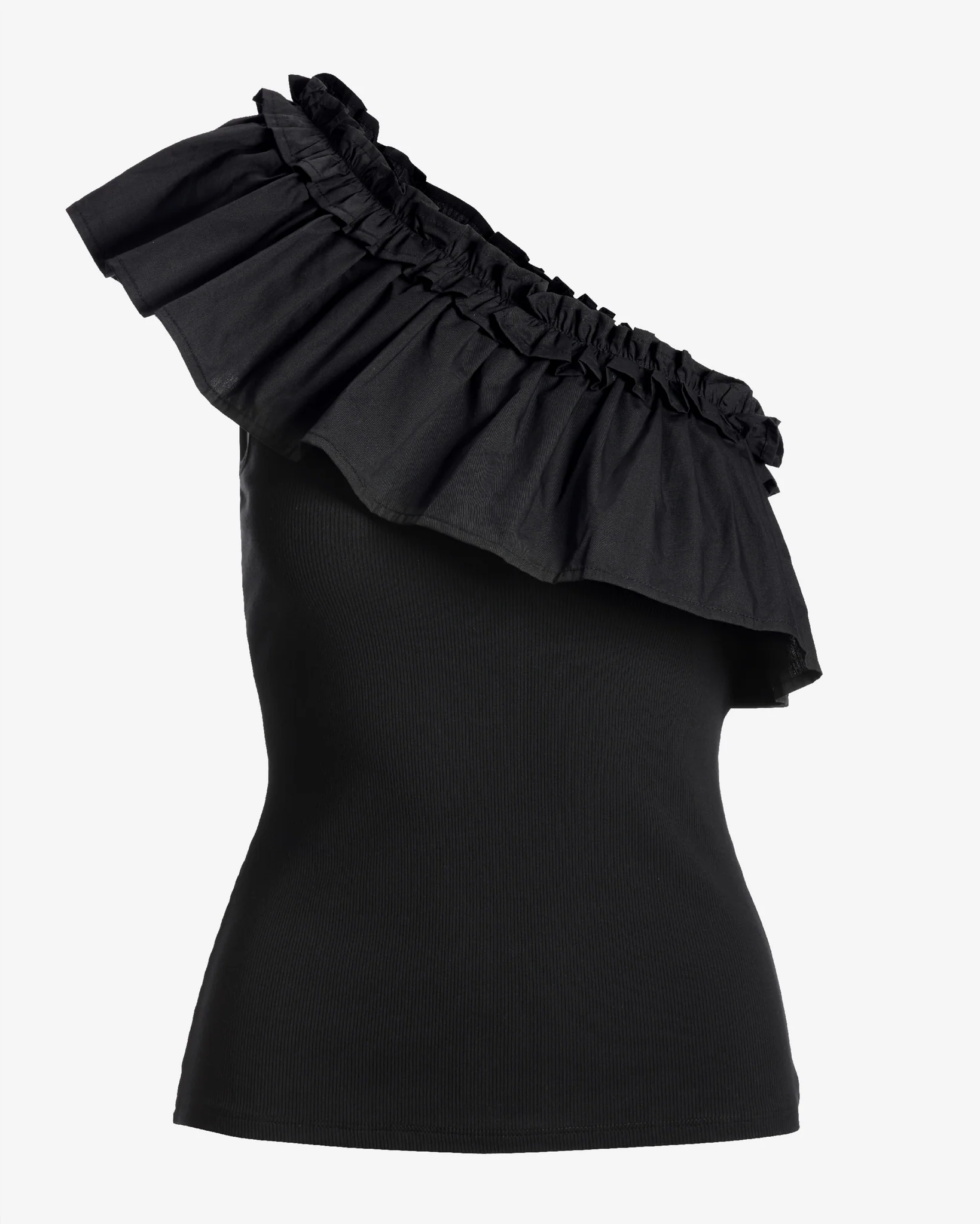 So Essential Ruffle Poplin One-Shoulder Top Proper Black - Mycitystee