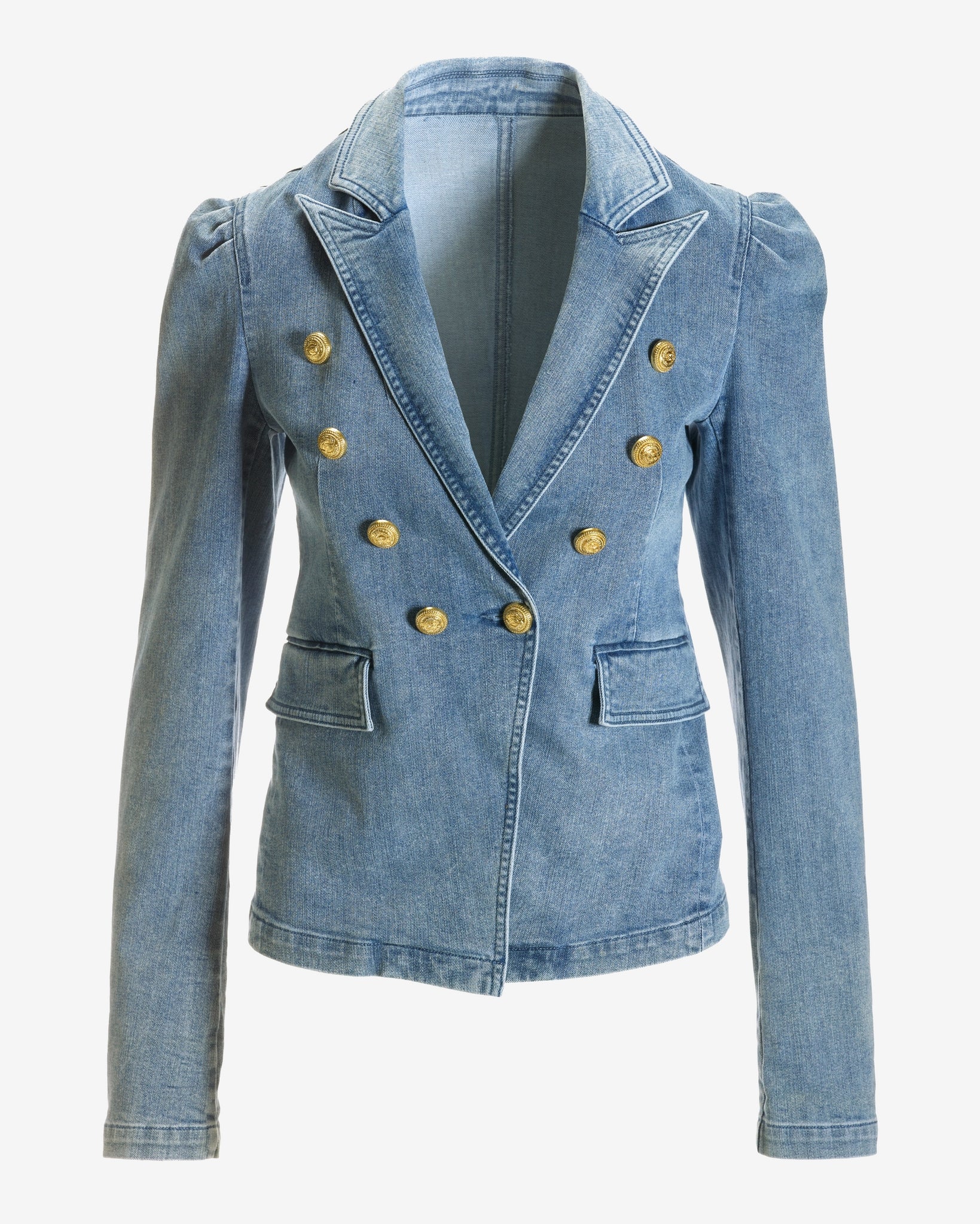Puff-Sleeve Double-Breasted Denim Blazer Light Med Wash - Mycitystee