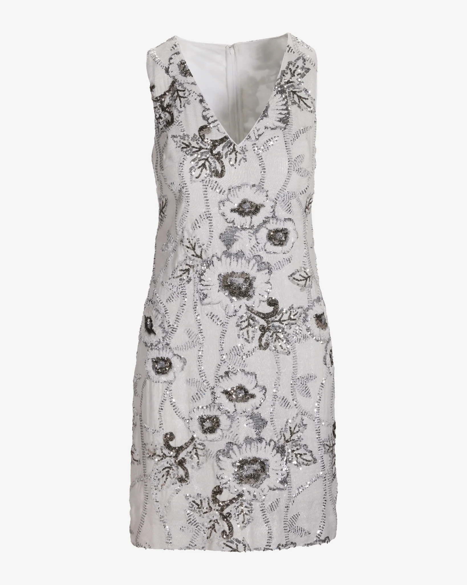 V Neck Sequin Embellished Shimmer Linen Sheath Dress White Silver - Mycitystee