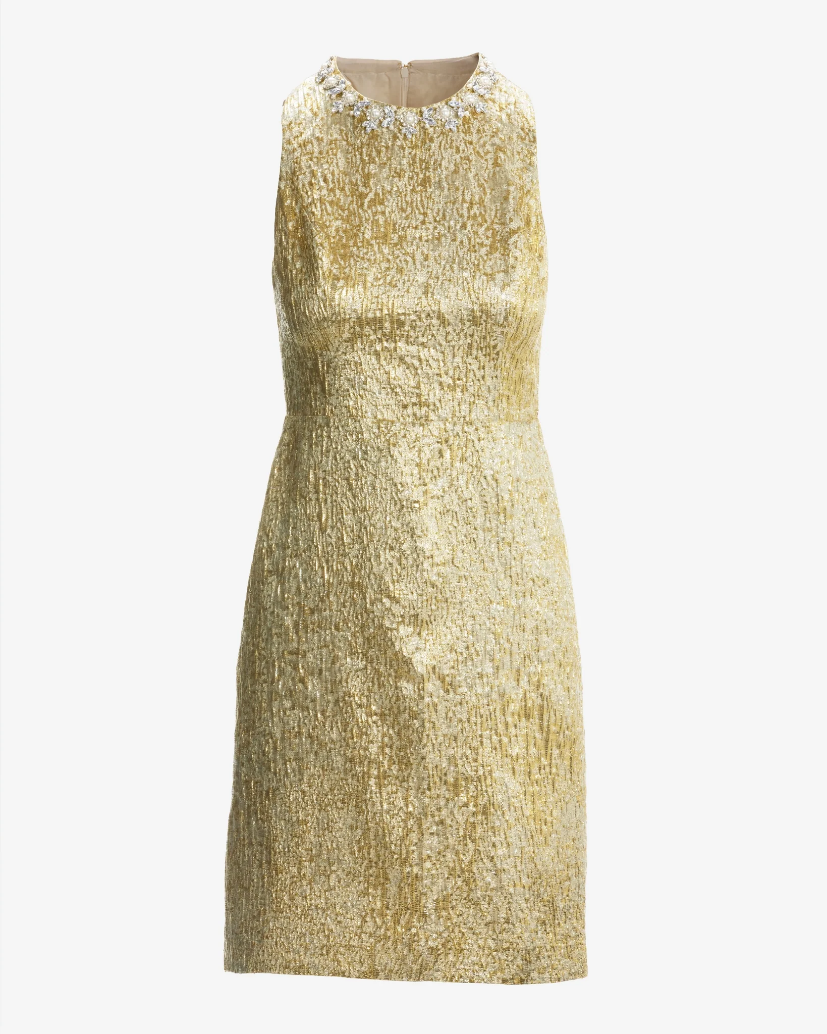Pearl Embellished Metallic Jacquard Sheath Dress Gold - Mycitystee