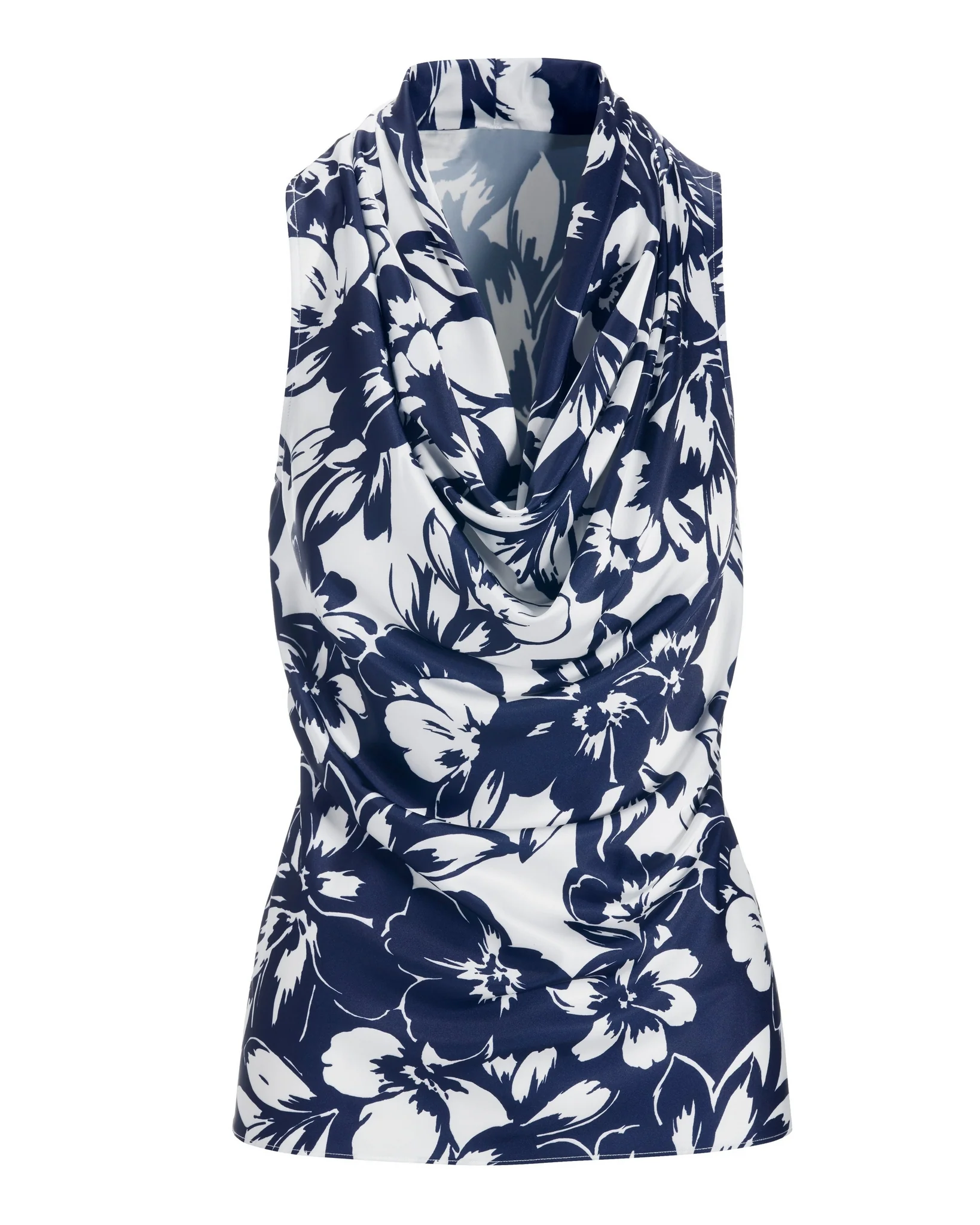 Exploded Florals Print Marilyn Cowl-Neck Charmeuse Blouse Navy/White - Mycitystee