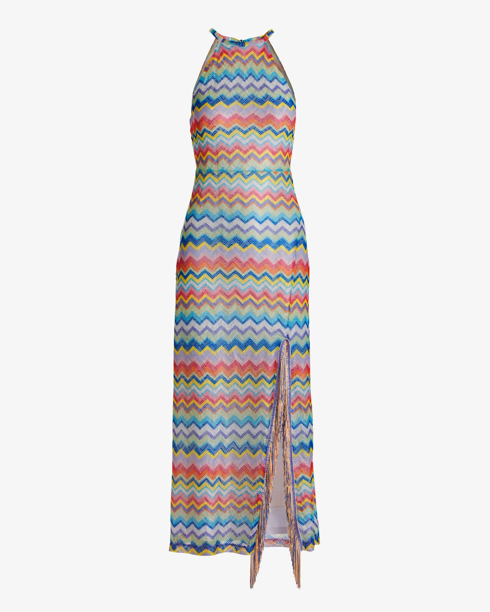 Multi Color Chevron Halter Two Tone Fringe Maxi Dress Multi - Mycitystee