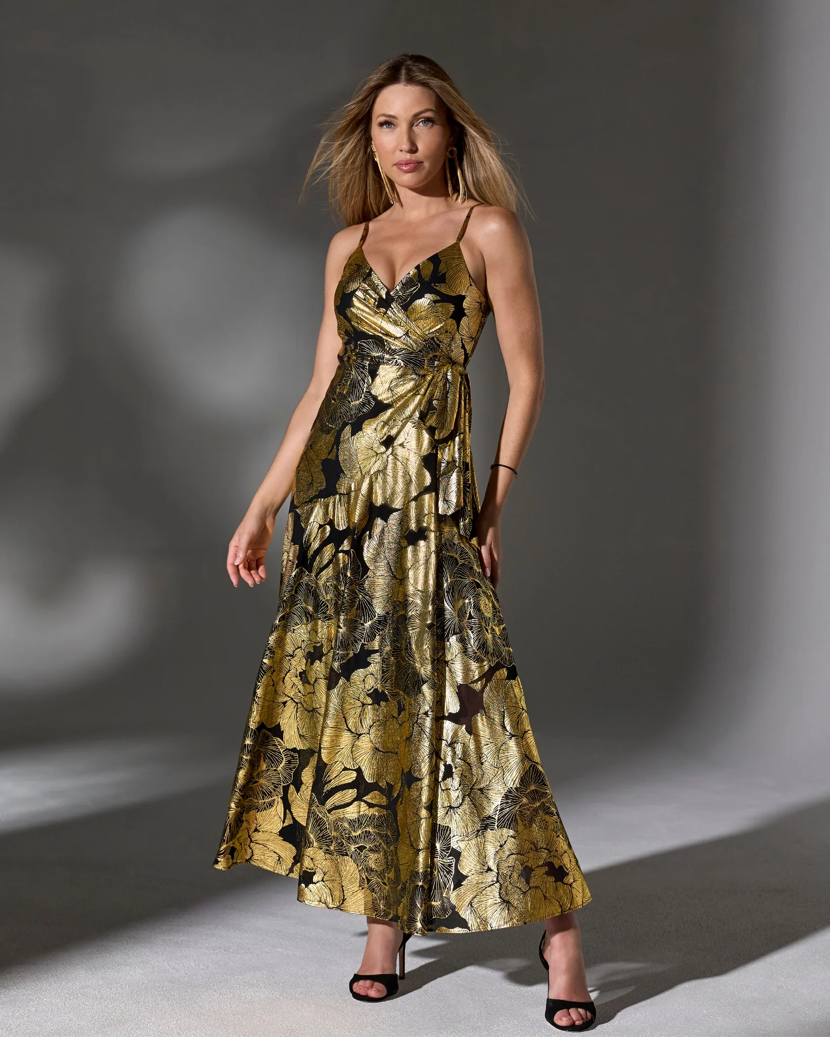 Metallic Foil Floral Wrap Maxi Dress Black/Gold - Mycitystee