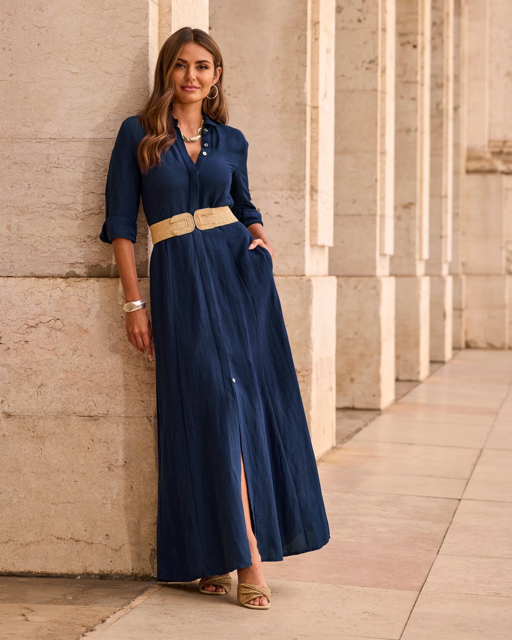 Linen Three Quarter Sleeve Maxi Shirt Dress Navy - Mycitystee