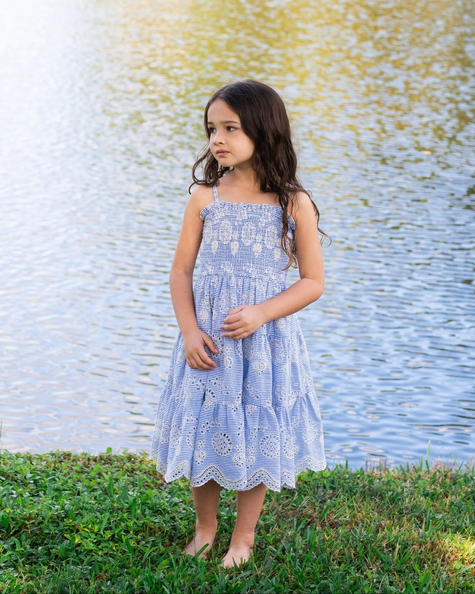 Girls Lila Dress In Sky/Natural Eyelet - Mycitystee
